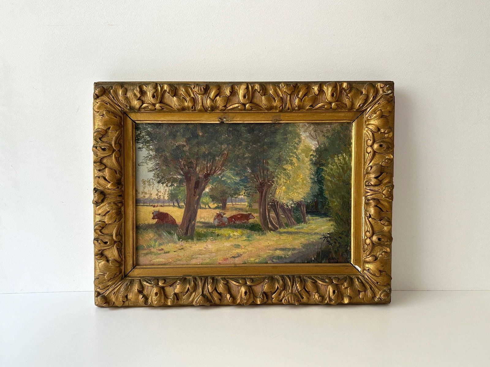 Antiek pastoraal olieverfchilderij op doek, Normandisch Frans landschap, ca. 1900