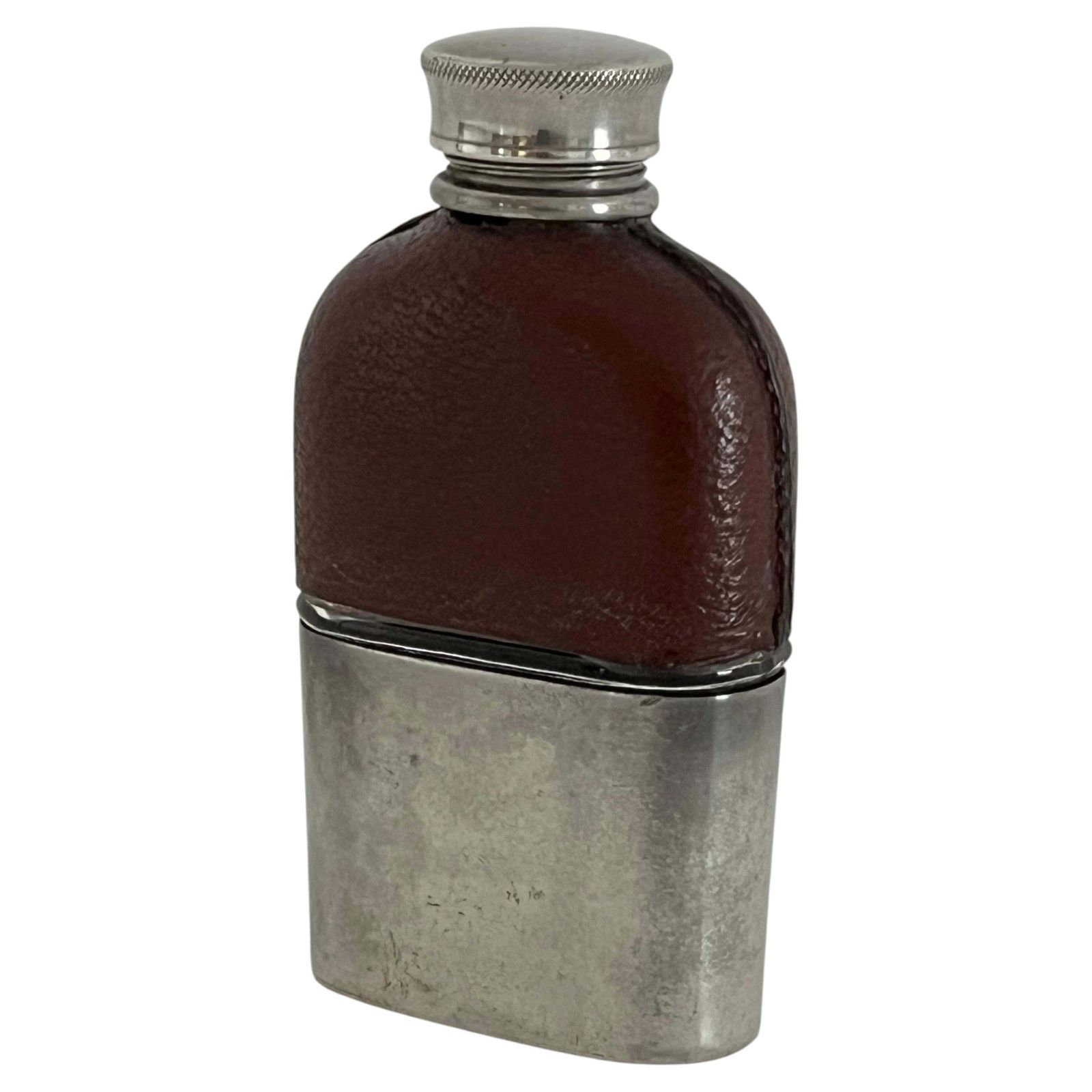 Antiek damesheupflesje, glas en leer, tinnen beker, ca. 1890