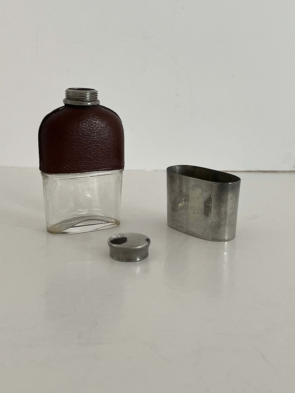 Antique Ladies Hip Flask, Glass & Leather, Pewter Cup, Circa 1890 photo 153.0