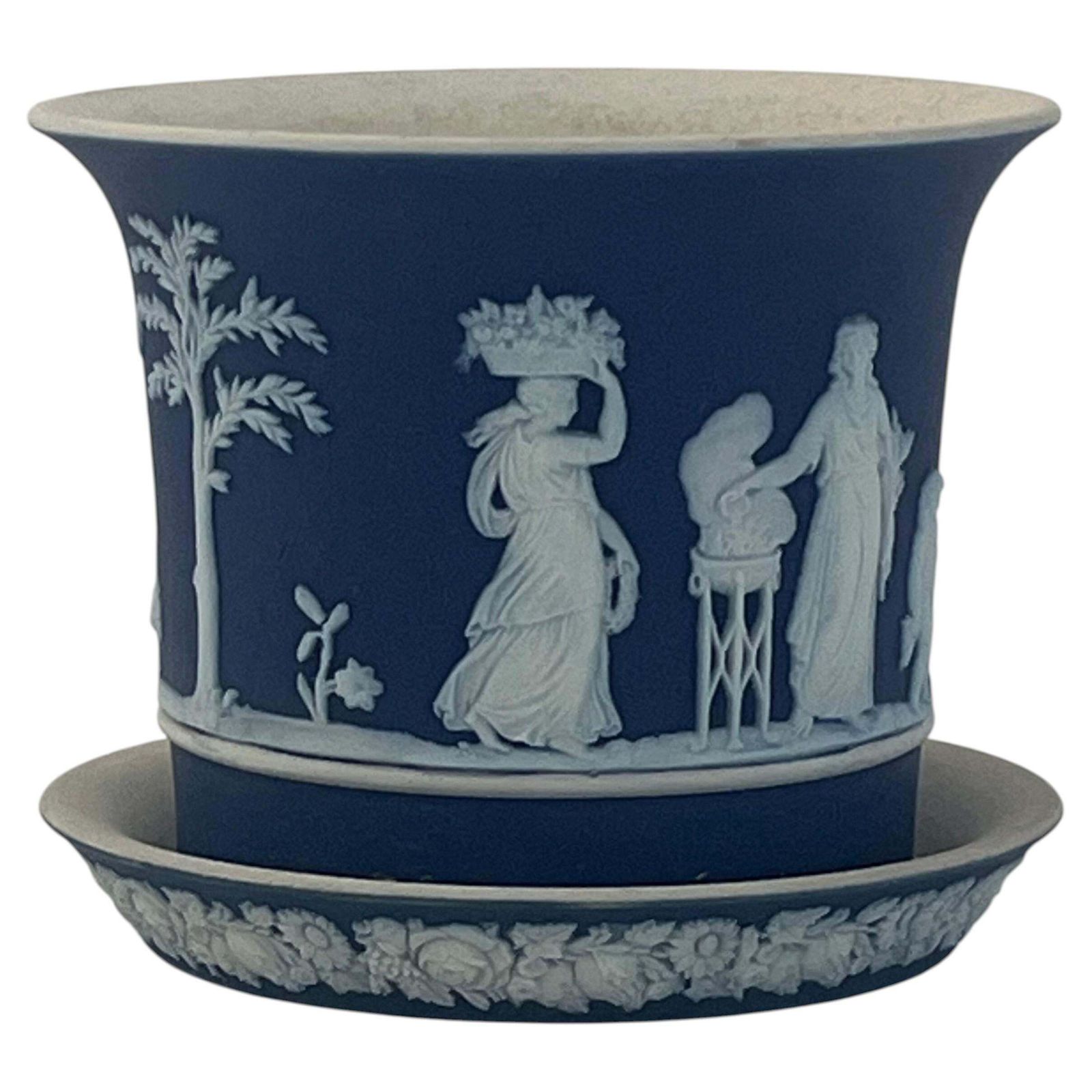 Wedgwood Jasperware kleine bloempot met onderbord, klassieke figuren, jaren 1920