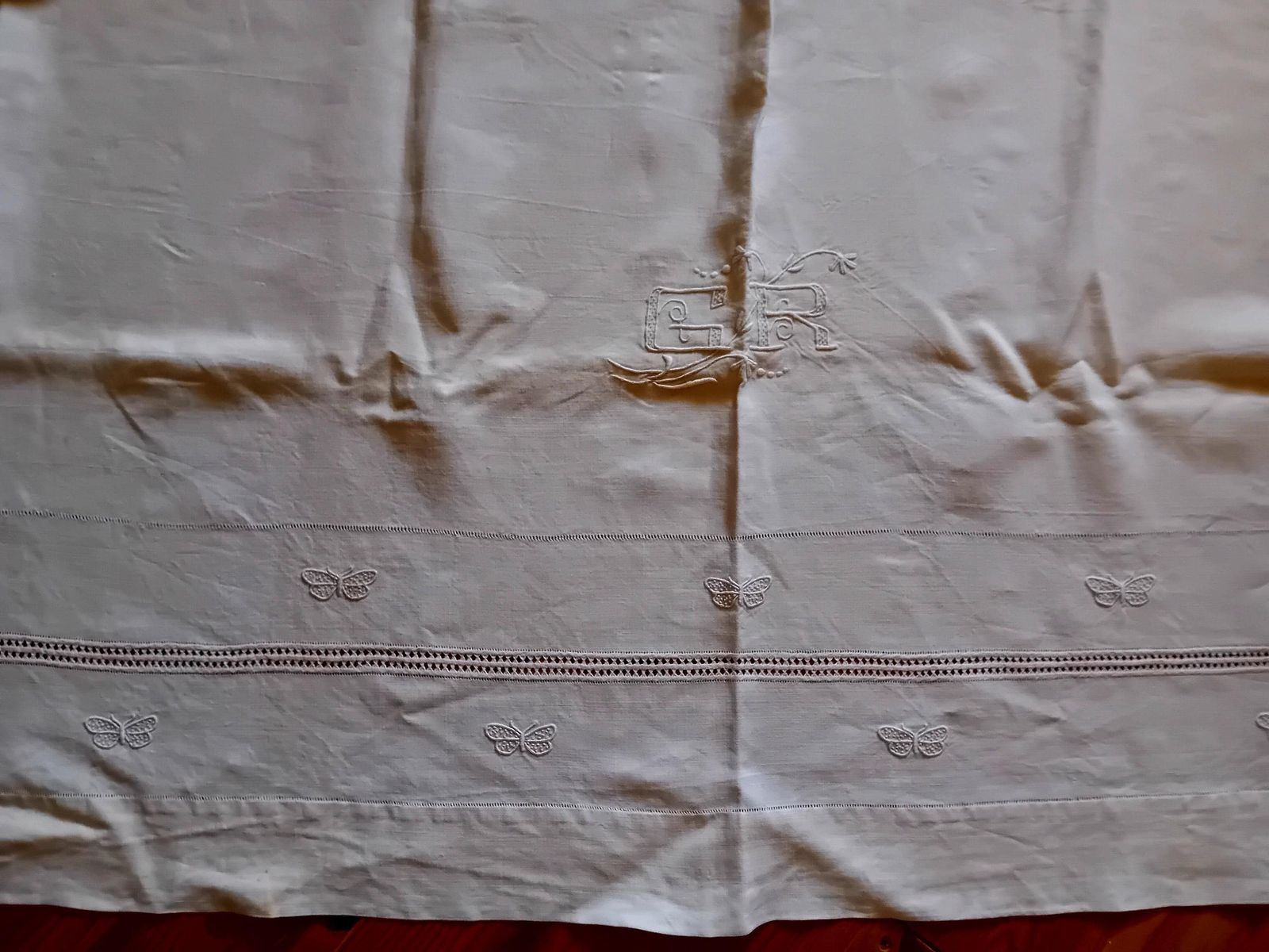 Linen Bed Sheet Monogram G R White Cotton Antique Metis Made In France photo for sale