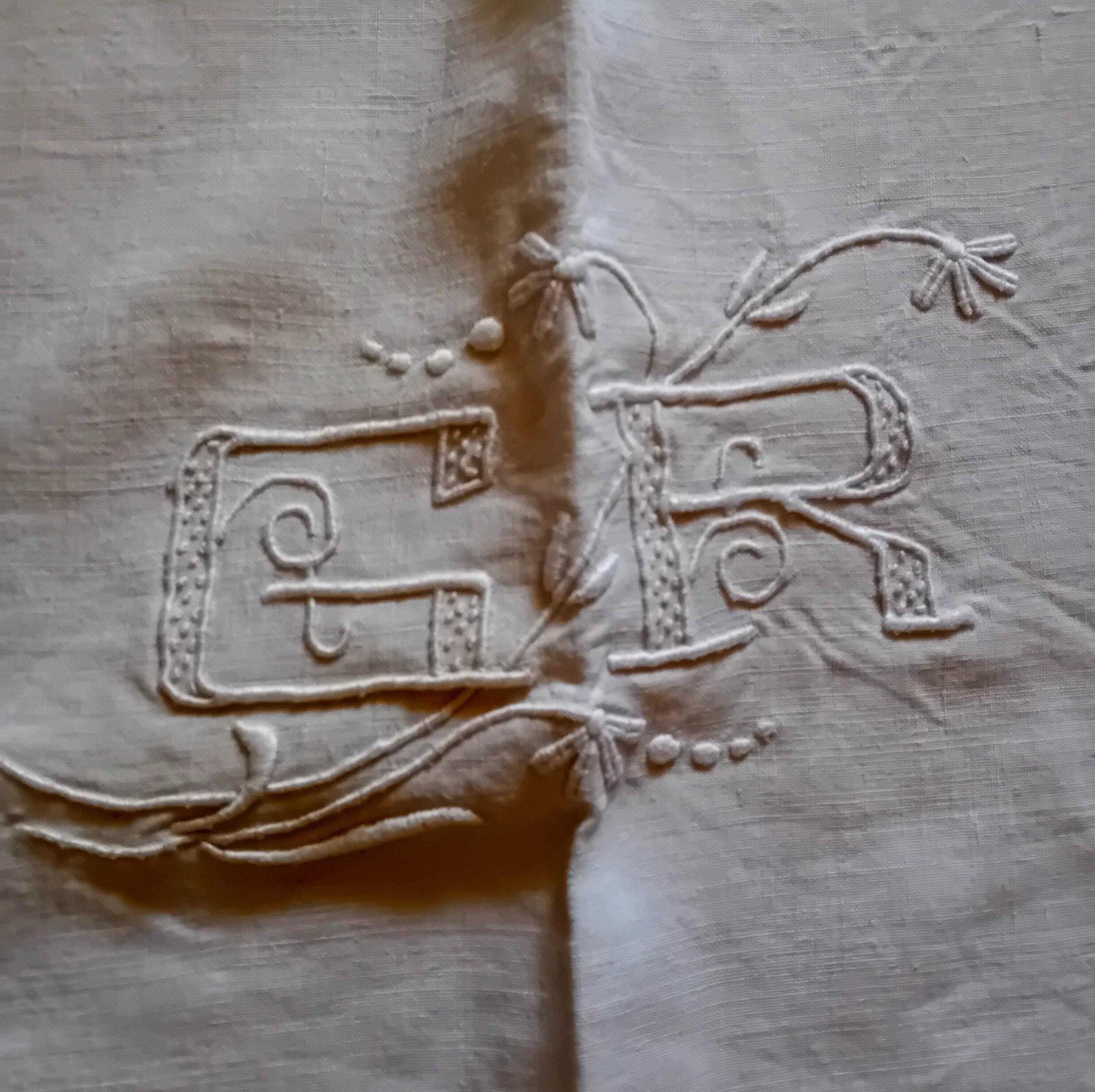 photo for sale Linen Bed Sheet Monogram G R White Cotton Antique Metis Made In France