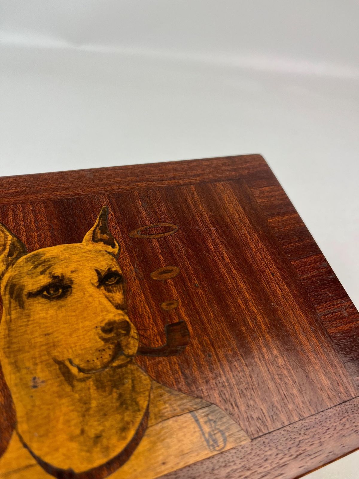 Stunning Antique Art Deco Dogs Marquetry Wooden Tobacco Box Lock & Key Signed Masterpiece 1934 photo vintage