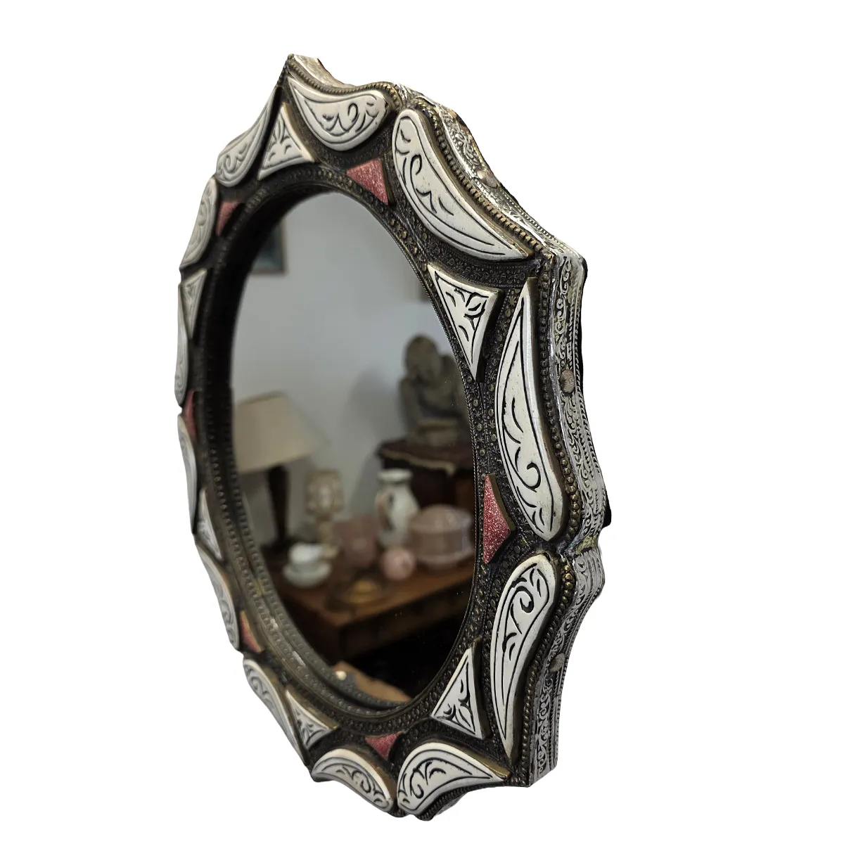 Miroir marocain vintage en laiton et os, années 1980 photo for sale