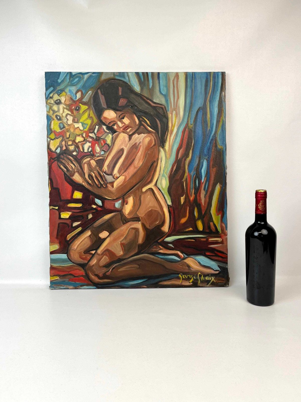 photo furniture Grande huile sur toile, nu féminin dans un paysage expressionniste, mid-century
