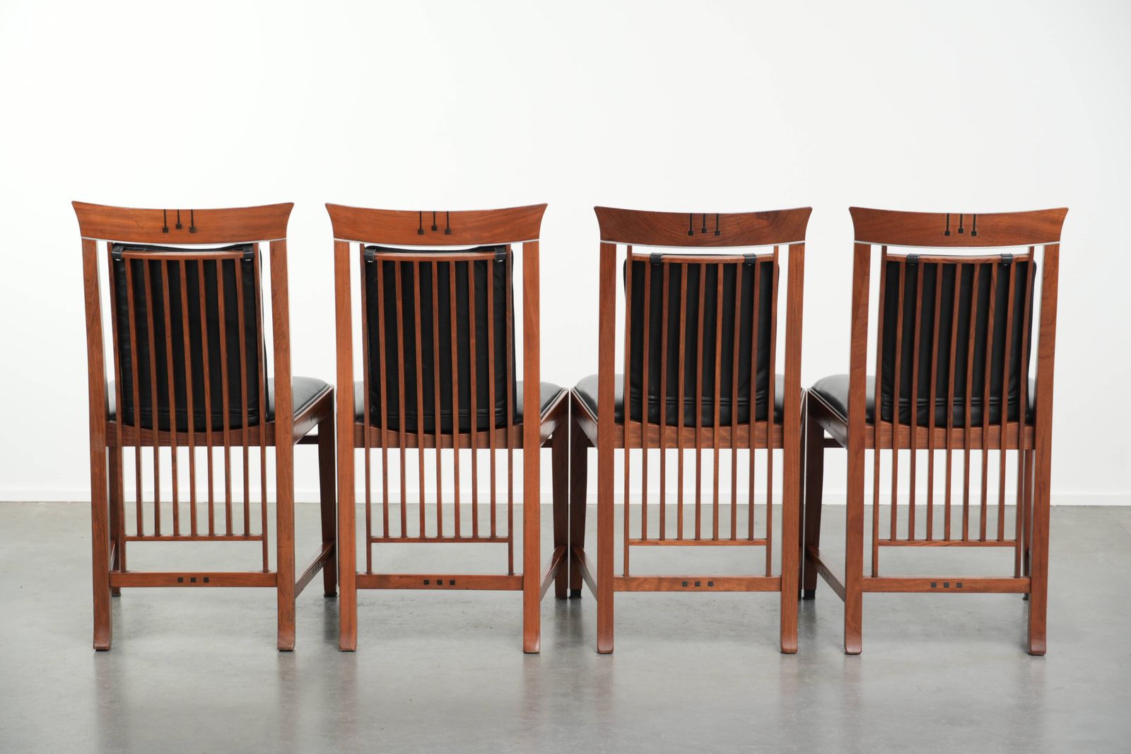 Elegant Set Of Four Black Cowhide Leather And Wood Art Deco Dining Chairs photo Furniture