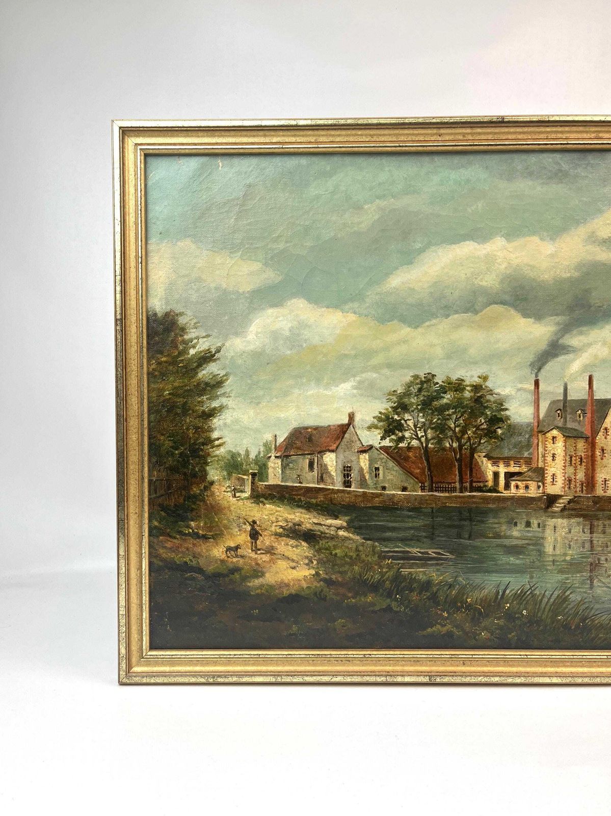 Stunning Antique French Factory Building By The Lake Oil Painting About 1900 photo furniture