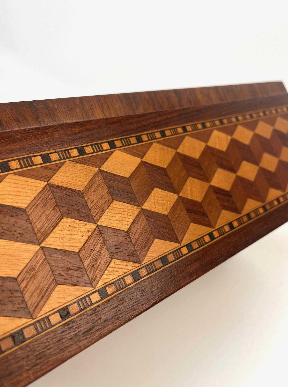 Very Rare Wooden Marquetry Tromp L Oil Geometric Inlays Turnbridge Jewelry Box Carpenter Masterpiece photo vintage