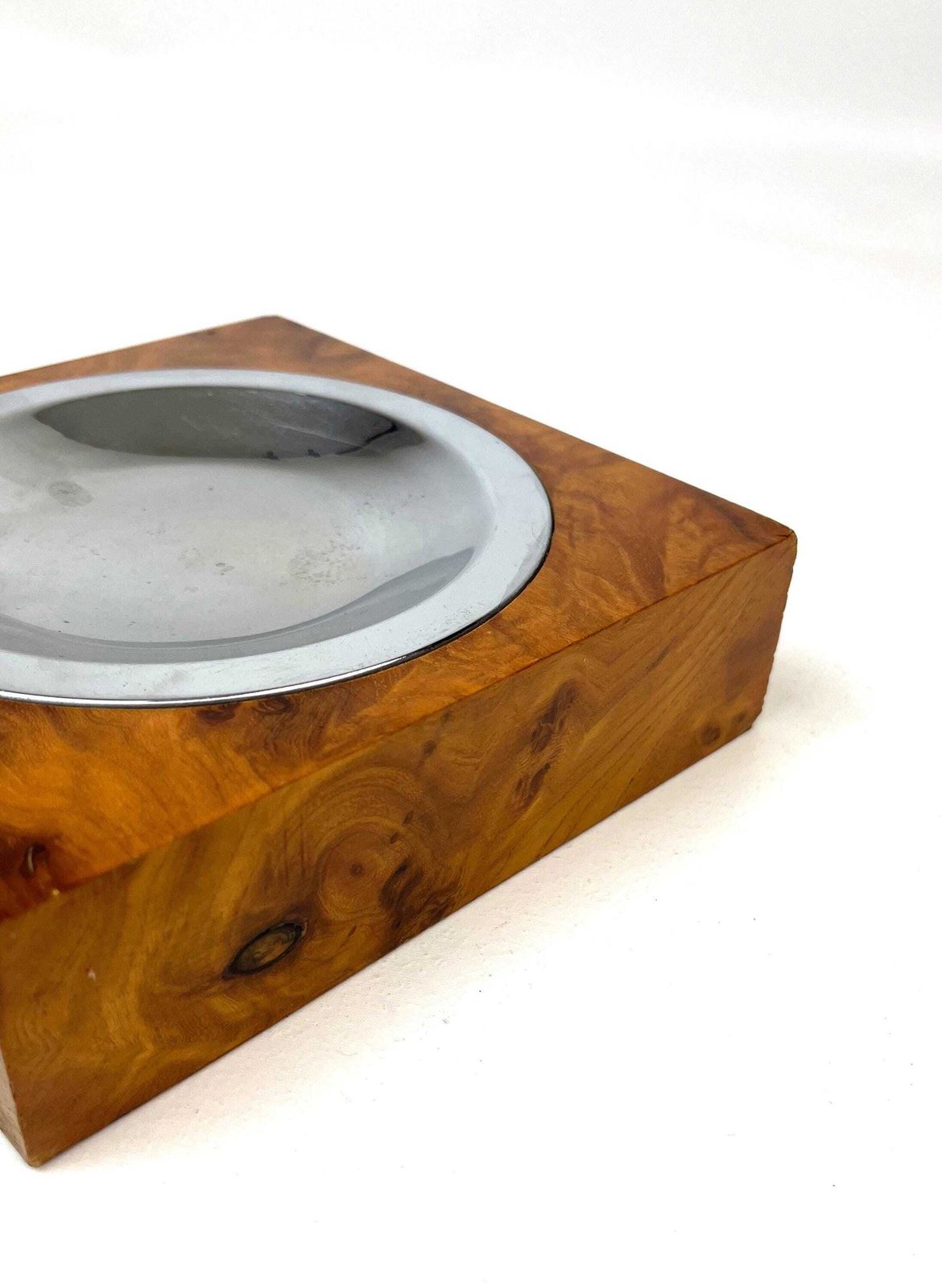 Cubist Art Deco Bird Eyes Maple Wood Chrome Catch All Jewelry Ring Key Office Bowl Italy 1930 photo 431.0