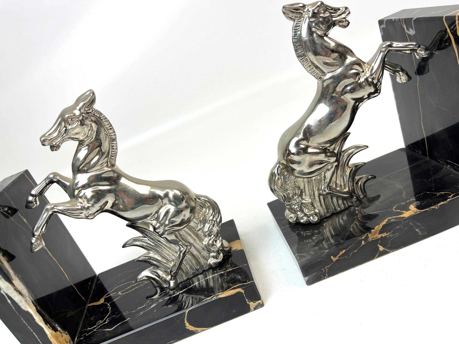 Stunning Art Deco Horse Equestrian Bookends Chromed Metal Cast On Portorro Marble photo buy