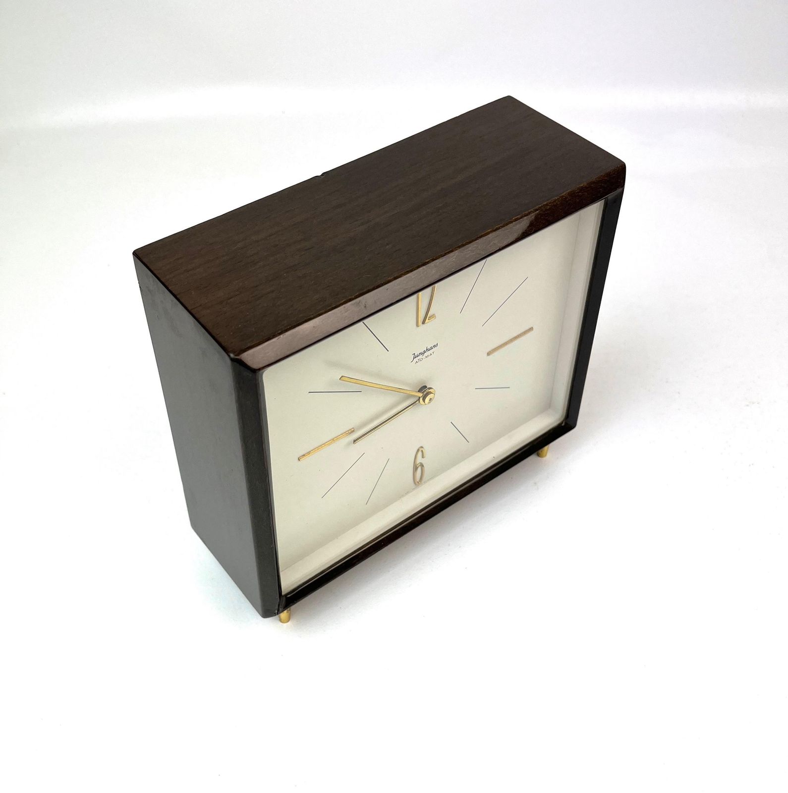 Vintage Mid-Century Cubistisch Teakhouten Bureauklok van Junghans Ato Mat photo for sale