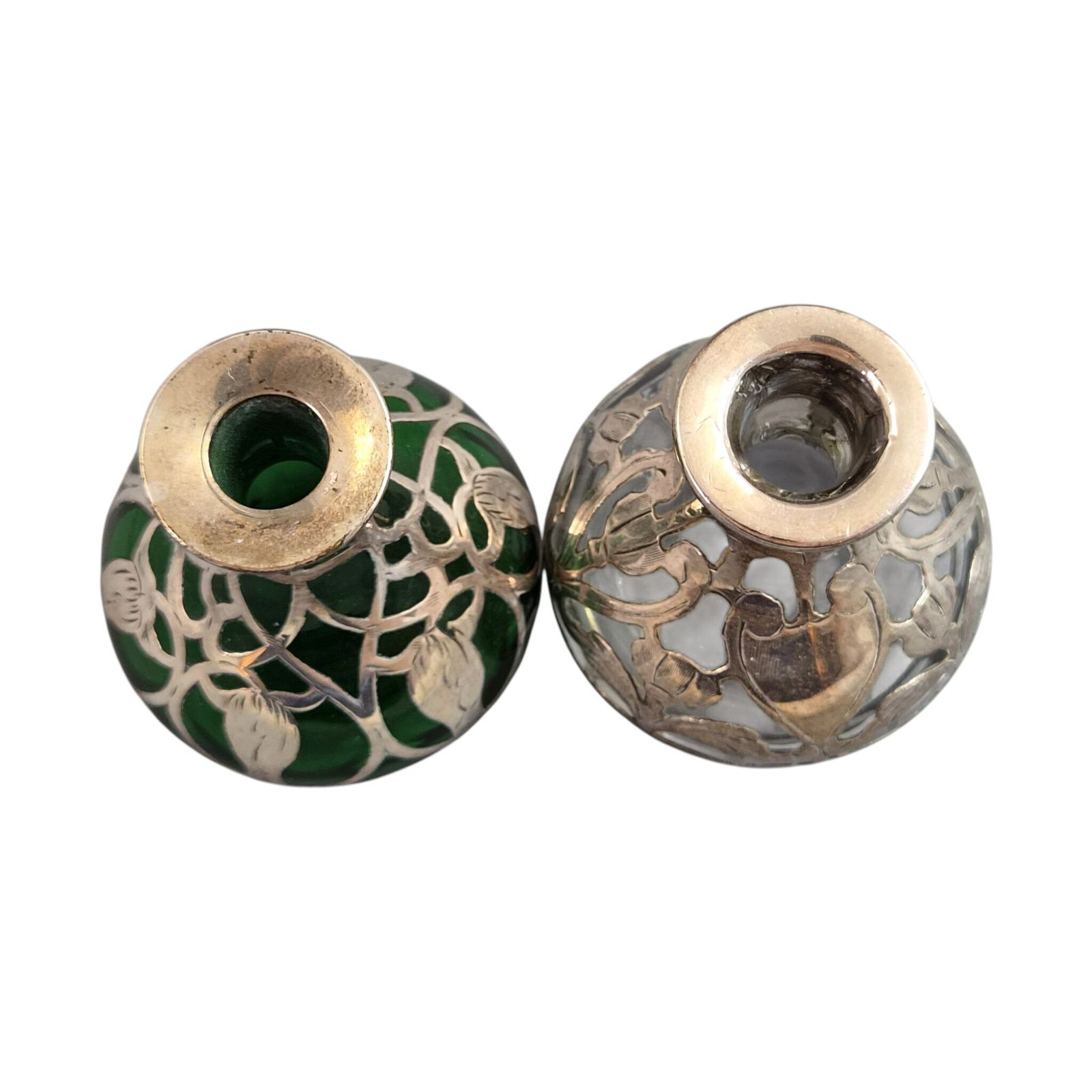 Gorham Art Nouveau Sterling Silver Overlay Glazen Parfumflesjes, ca. 1900 photo vinterior