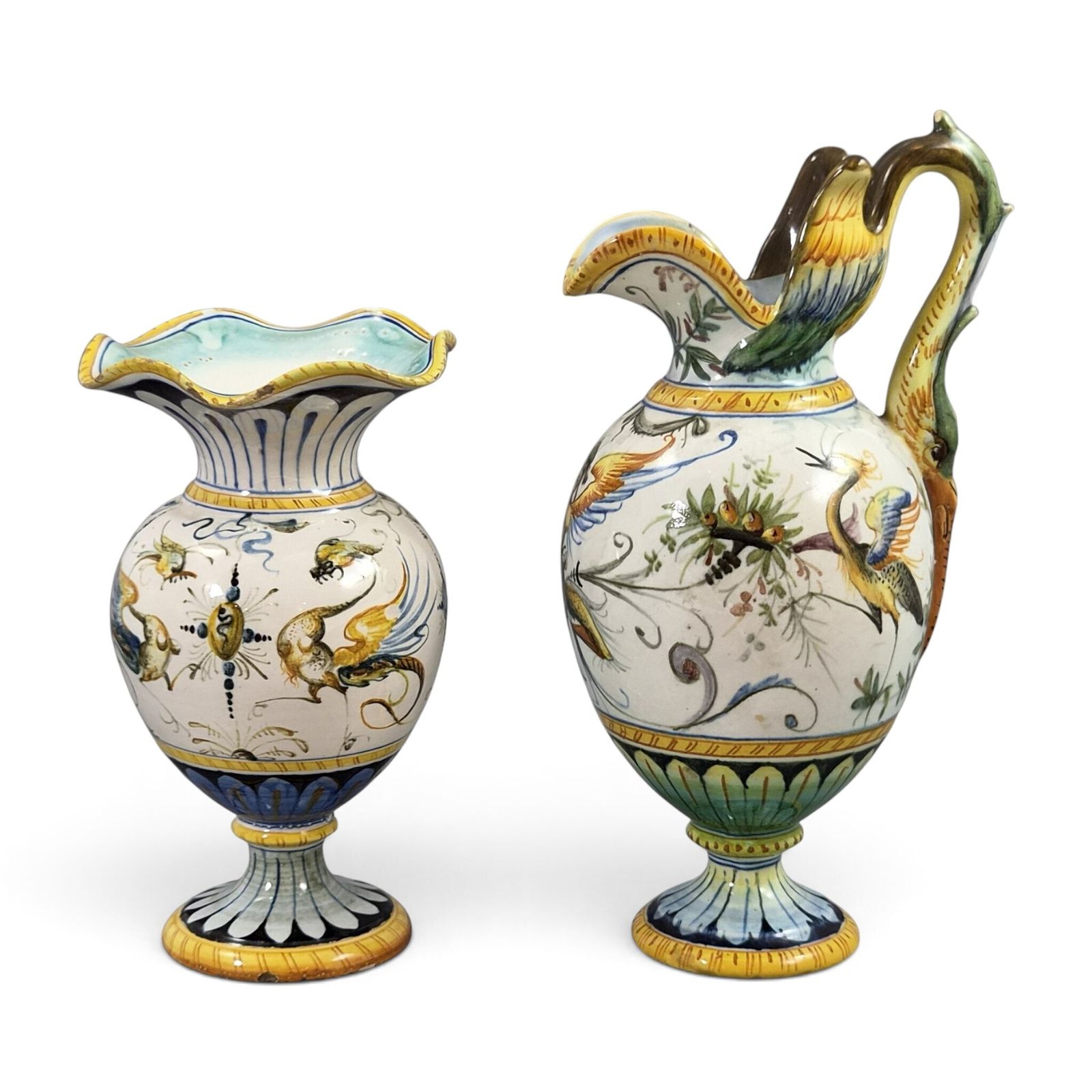 Italiaanse Cantagalli Renaissance Revival Majolica Ewer & Vase, Florence, ca. 1890
