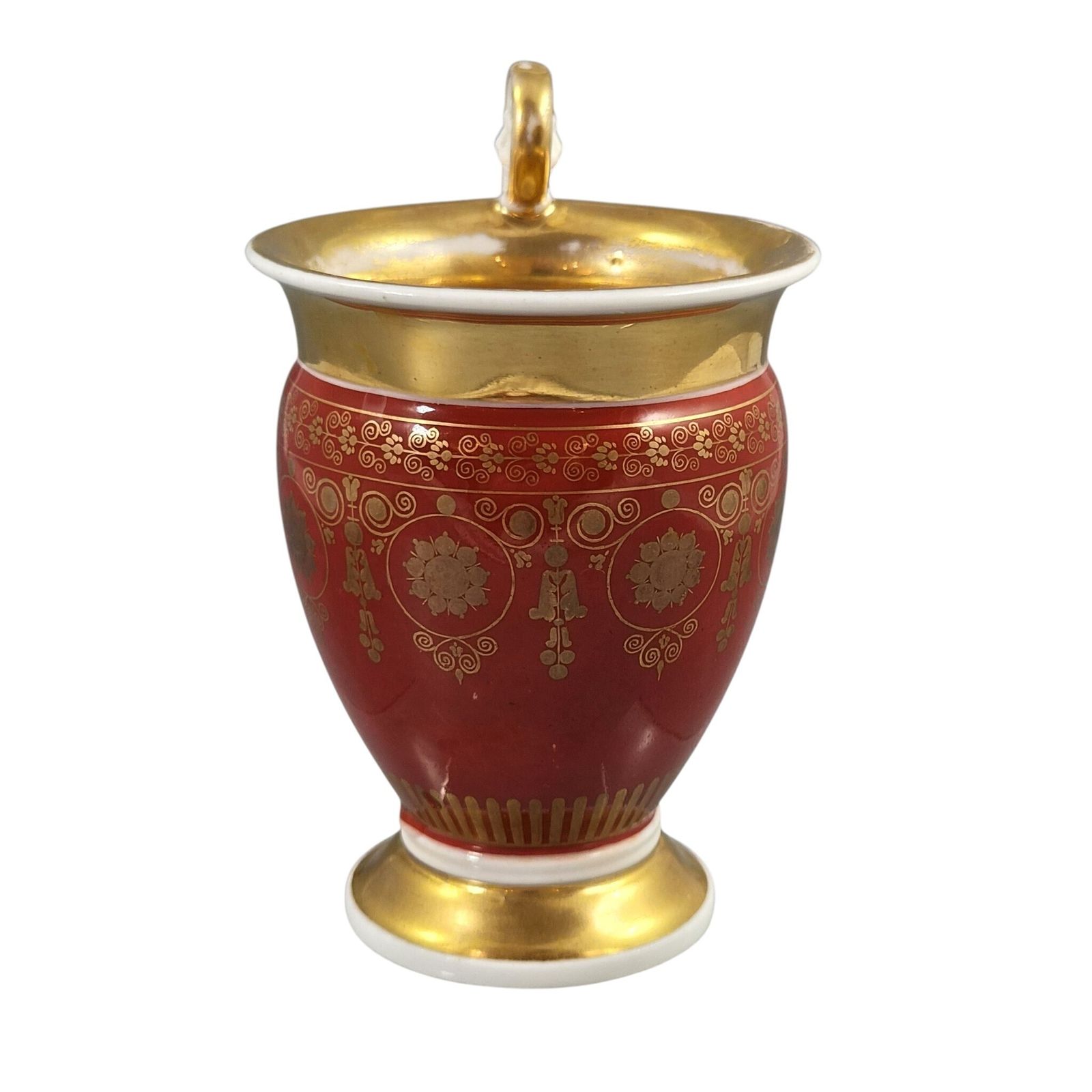 photo furniture Franse Empire Old Paris (Vieux Paris) Porseleinen Kop en Schotel met Leeuwenmasker Handvat, ca. 1820