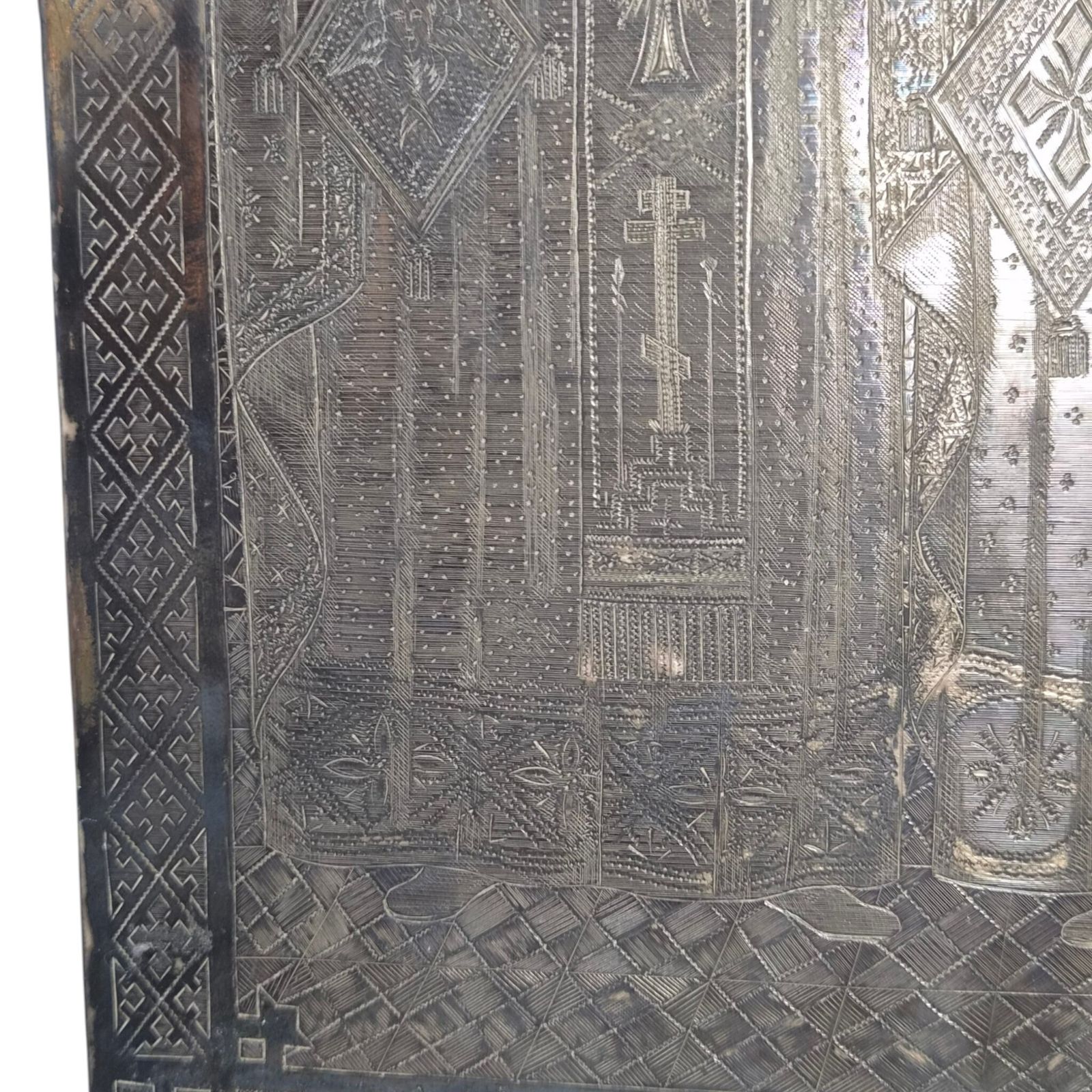 Uitzonderlijk orthodox icoon van de Drie Heilige Hiërarchen in zilveren riza, 1884 photo vintage