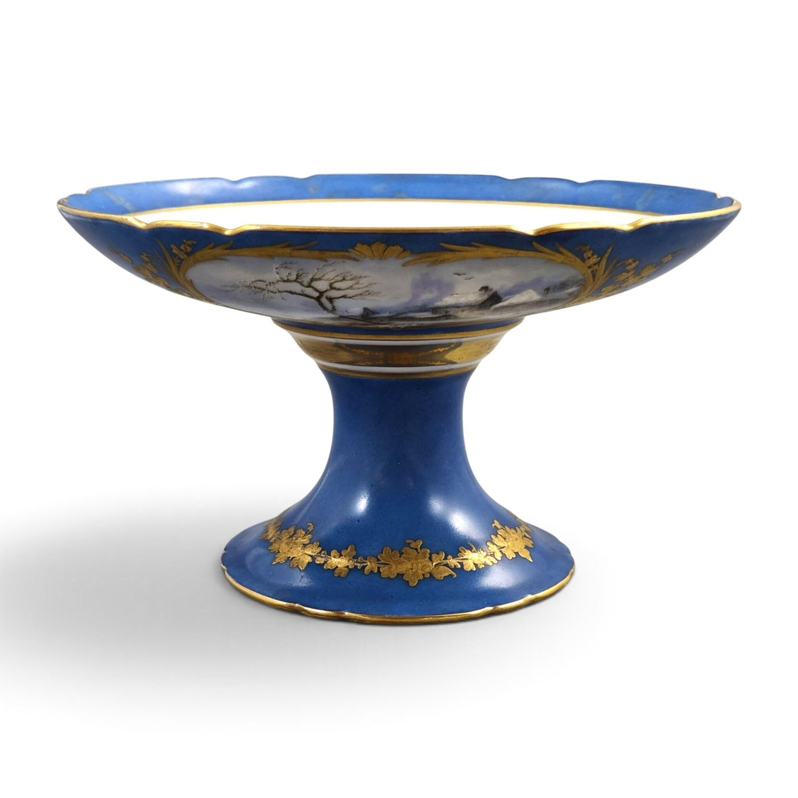 Unieke Sèvres blauwe porseleinen tazza op voetstuk met gezichten op Montlhéry en Mont Blanc, 1835