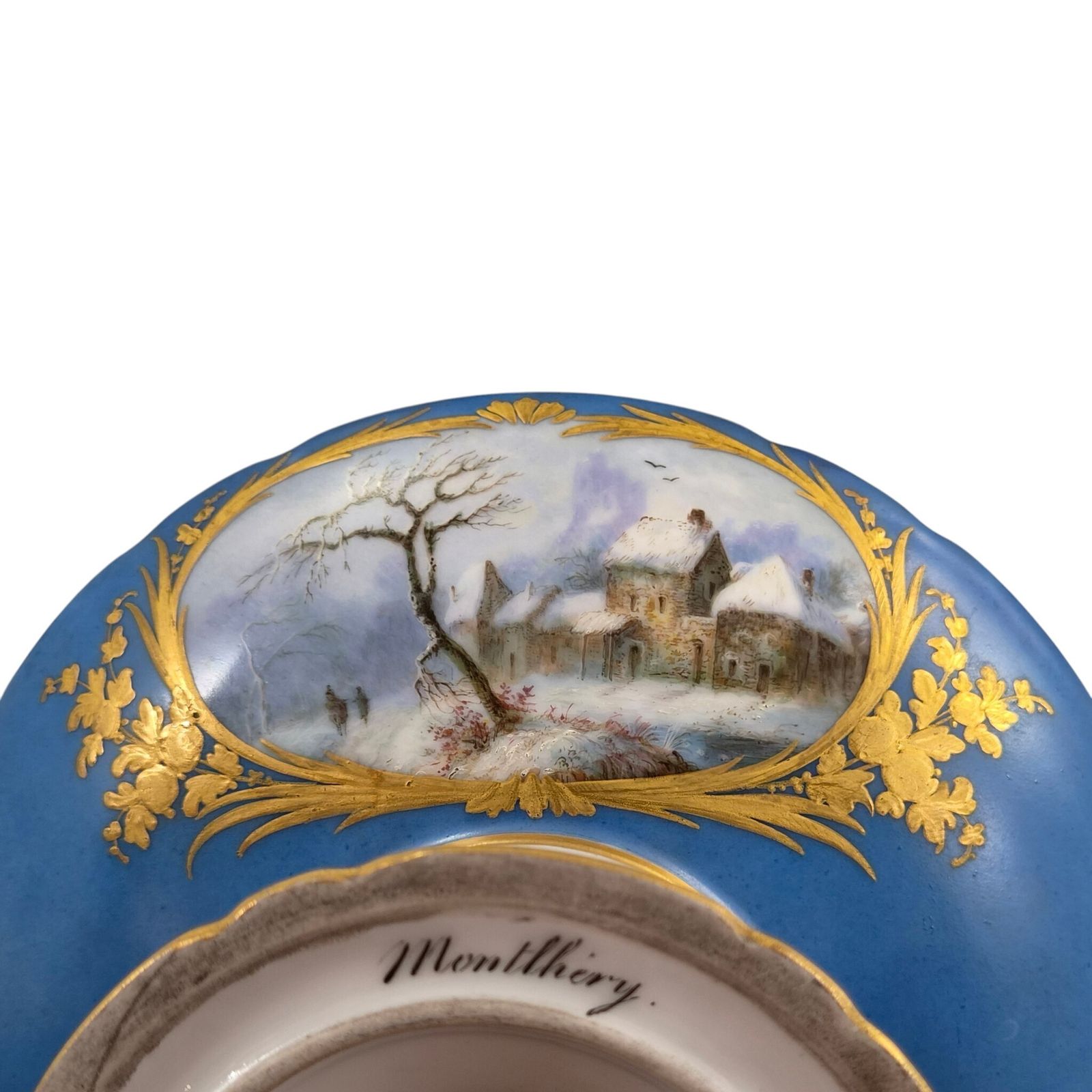 photo for sale Unique 1835 Sèvres Blue Porcelain Pedestal Tazza With Montlhéry And Mont Blanc Views