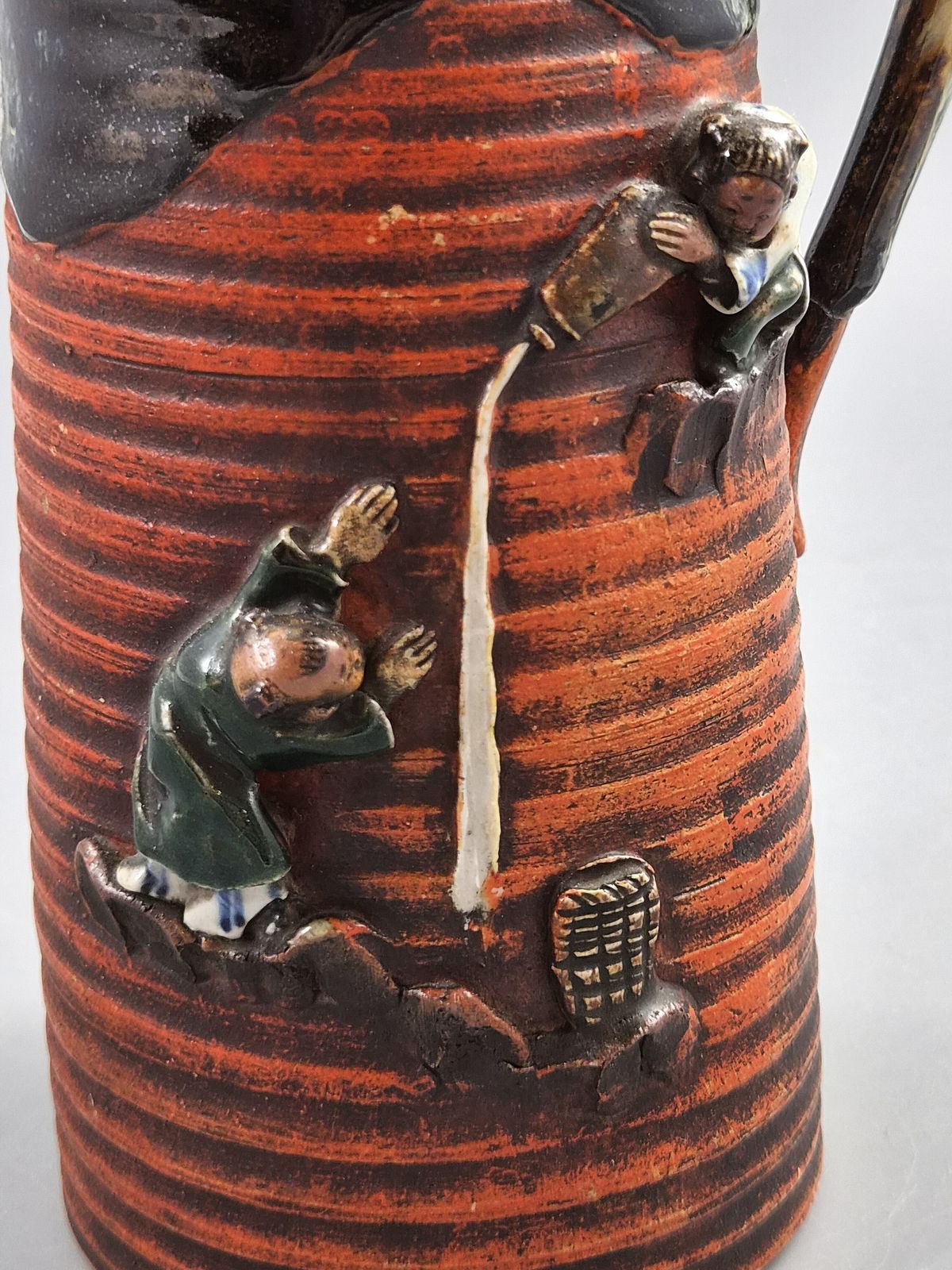 Japanese Sumida Gawa Pitcher, Sake Pouring Scene With Two Figures, Meiji–Taishō C.1900 photo buy