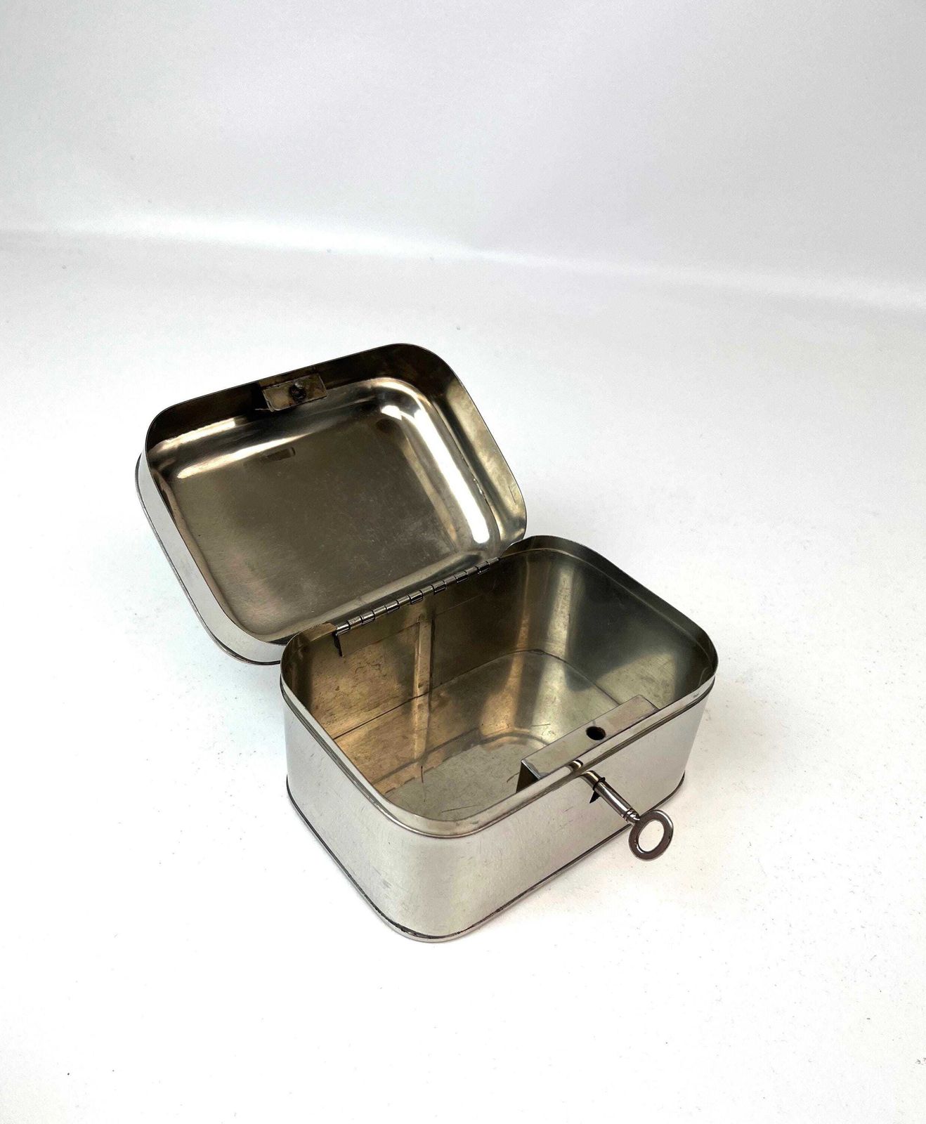 Very Rare German Bauhaus Guilloche Engraved Chrome Art Deco Machine Age Jewelry Box Lock & Key 1930 photo buy