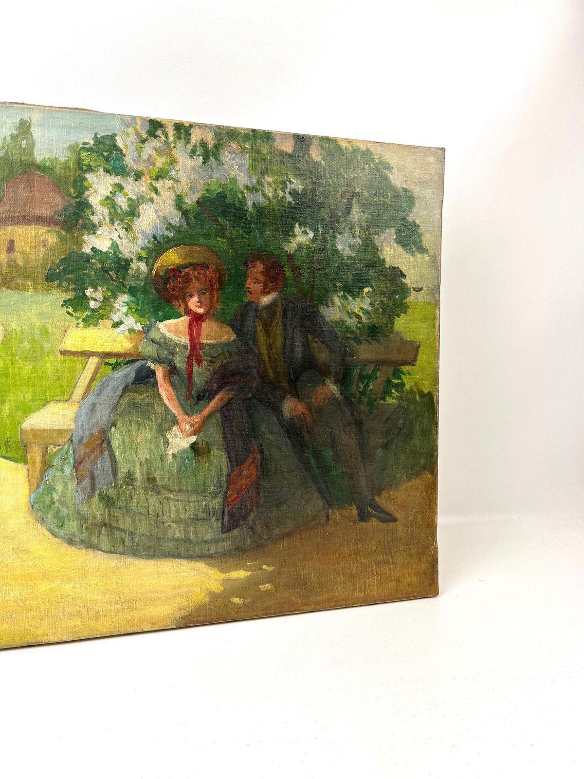 Antiek Duits olieverfschilderij op doek, romantisch koppel, Art Nouveau, gesigneerd M. Klummer, ca. 1890 photo furniture