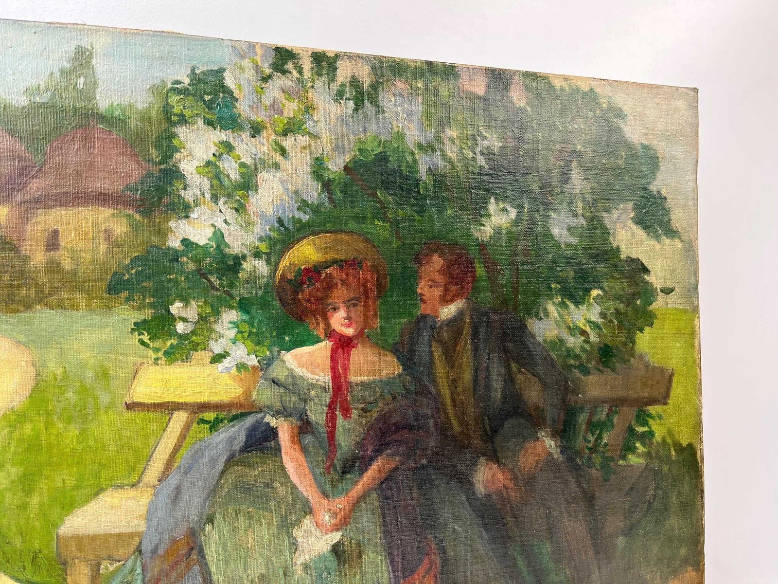 Antiek Duits olieverfschilderij op doek, romantisch koppel, Art Nouveau, gesigneerd M. Klummer, ca. 1890 photo for sale