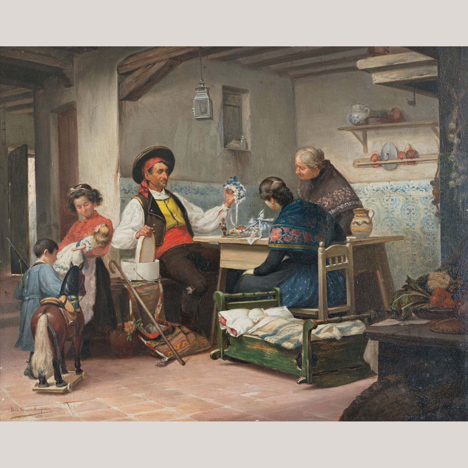 Reizende Speelgoedverkoper van Tomás García Sampedro (1860-1937), olieverf op paneel, 1899