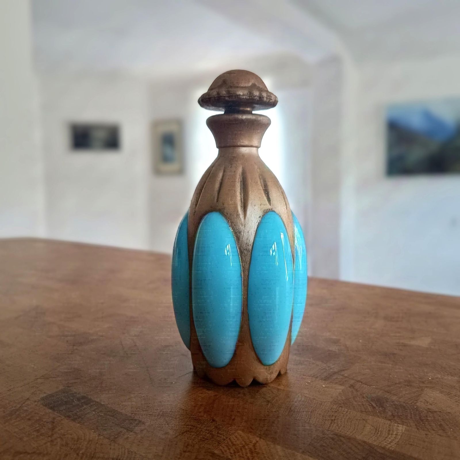 photo for sale Antiek Frans blauw opaline parfumflesje - Portieux Vallerysthal "Melon" mal 1000 C 1910