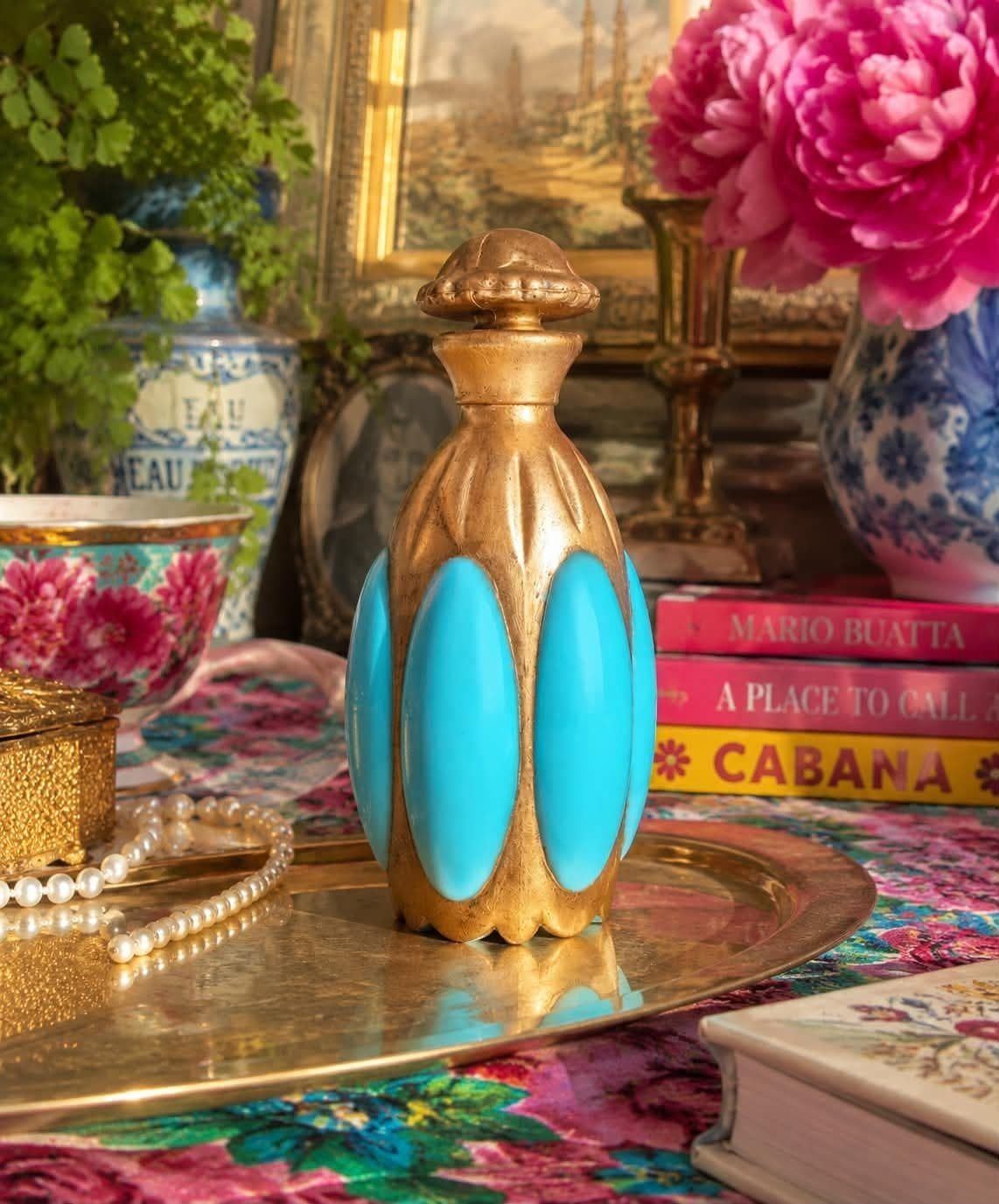 Woonaccessoires Antiek Frans blauw opaline parfumflesje - Portieux Vallerysthal "Melon" mal 1000 C 1910 photo
