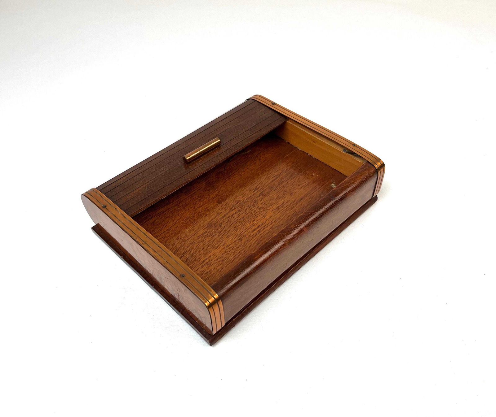 Zeldzame art deco Bauhaus sieradendoos van hout en koper met rolluiksluiting, ca. 1930. photo vinterior