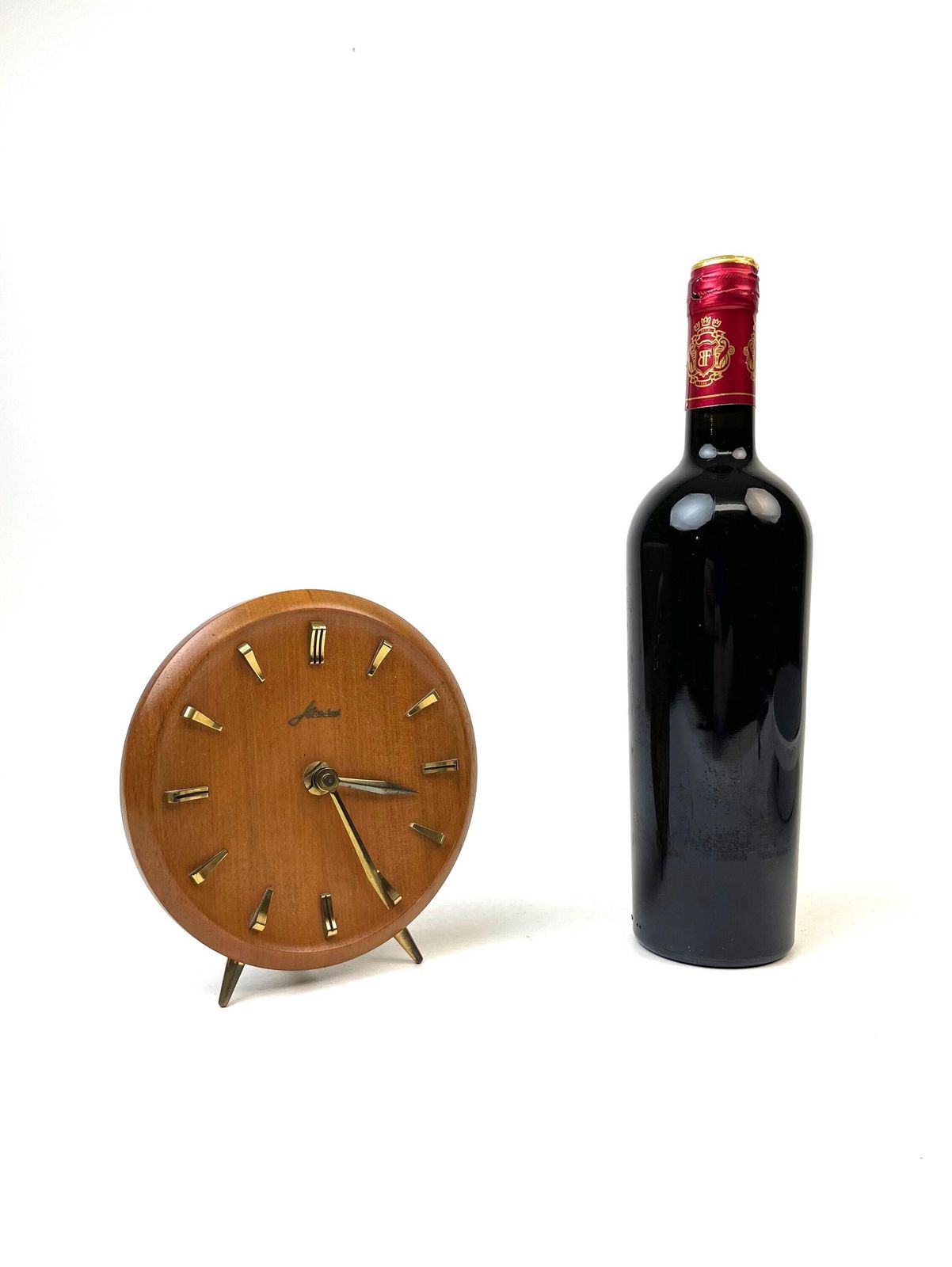 Horloge de bureau ronde mid-century sur trépied en teck, par Haid, Allemagne, 1960. photo buy