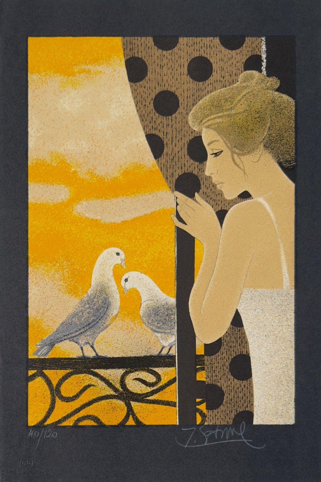 Yves Ganne Lithografie Gesigneerd Genummerd Potlood Vrouw Met Vogels 1980