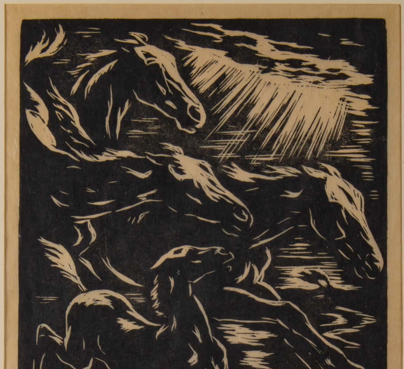Engraving, Signed, 1928, Representative Stylized Horses Running, Framed photo furniture