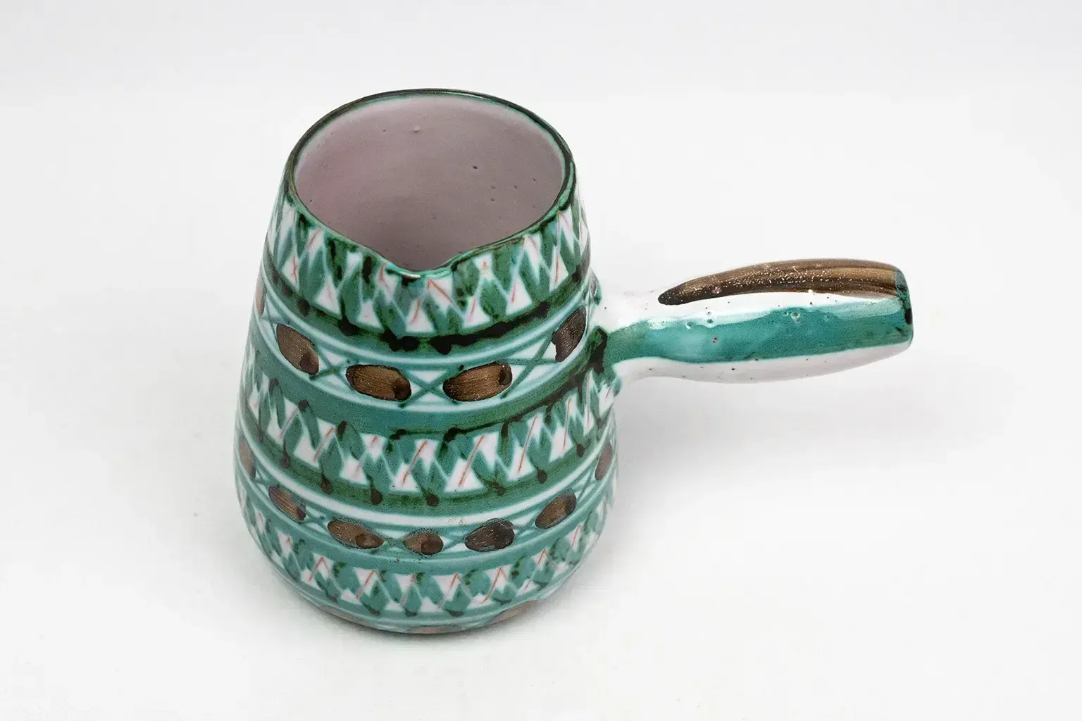 Robert Picault Keramische Kan - Vallauris, Groen en Bruin Geometrische Decoratie, jaren 1950-1960 photo for sale