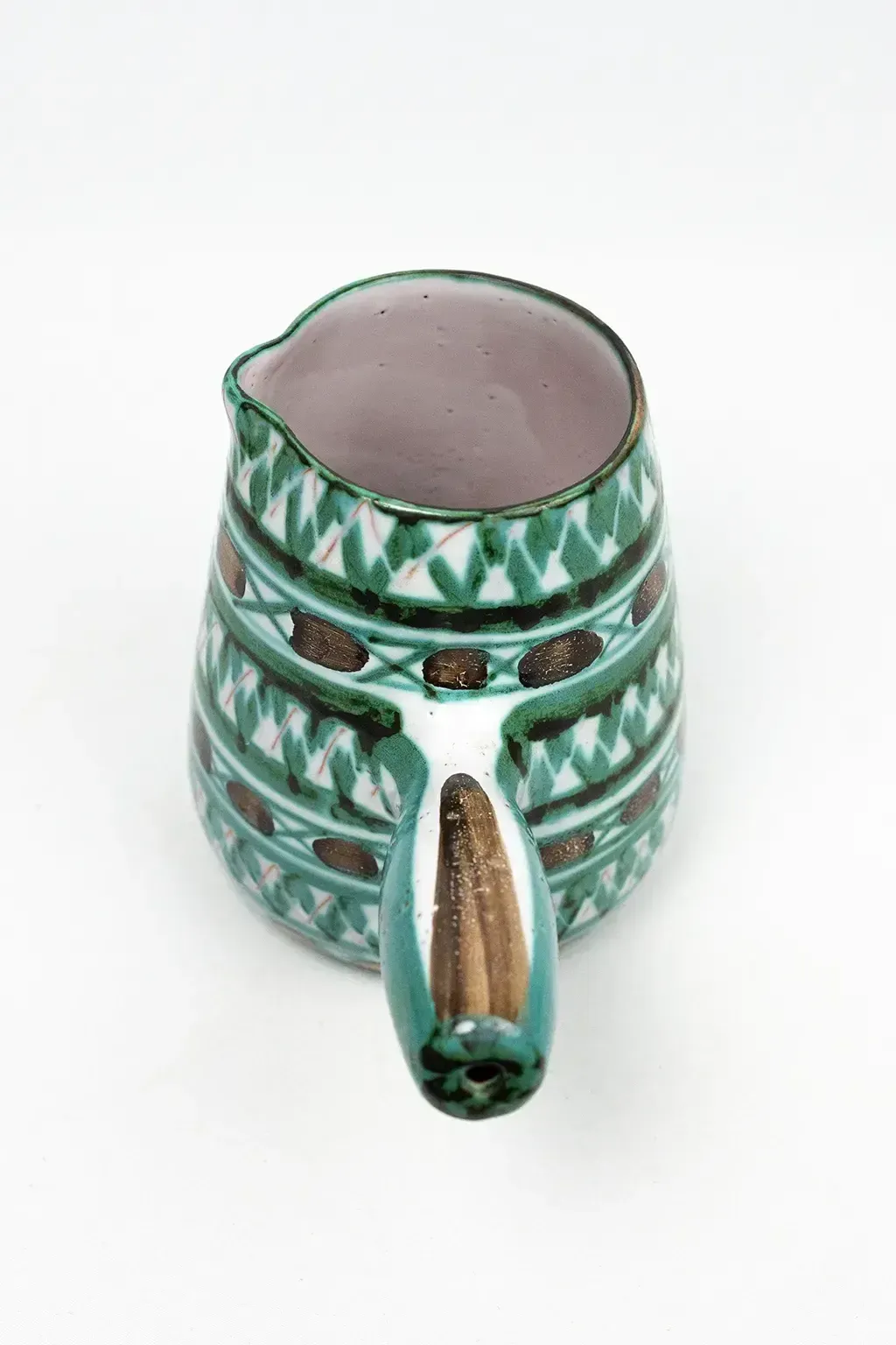 Aiguière en céramique Robert Picault - Vallauris, décor géométrique vert et brun, années 1950-1960 photo vinterior