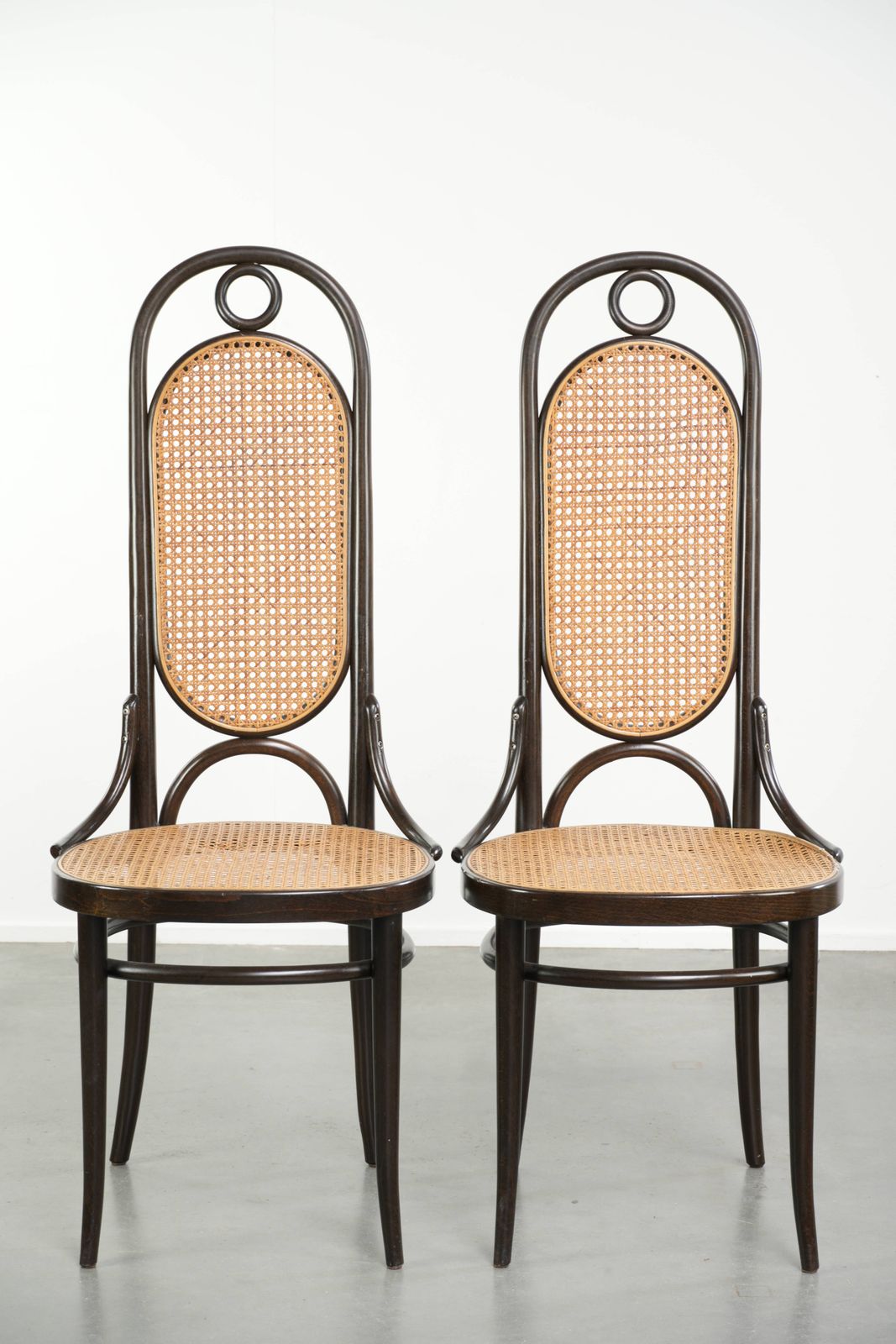 Set van 6 vintage Thonet Long John design eetkamerstoelen/bistrostoelen met webbing photo furniture