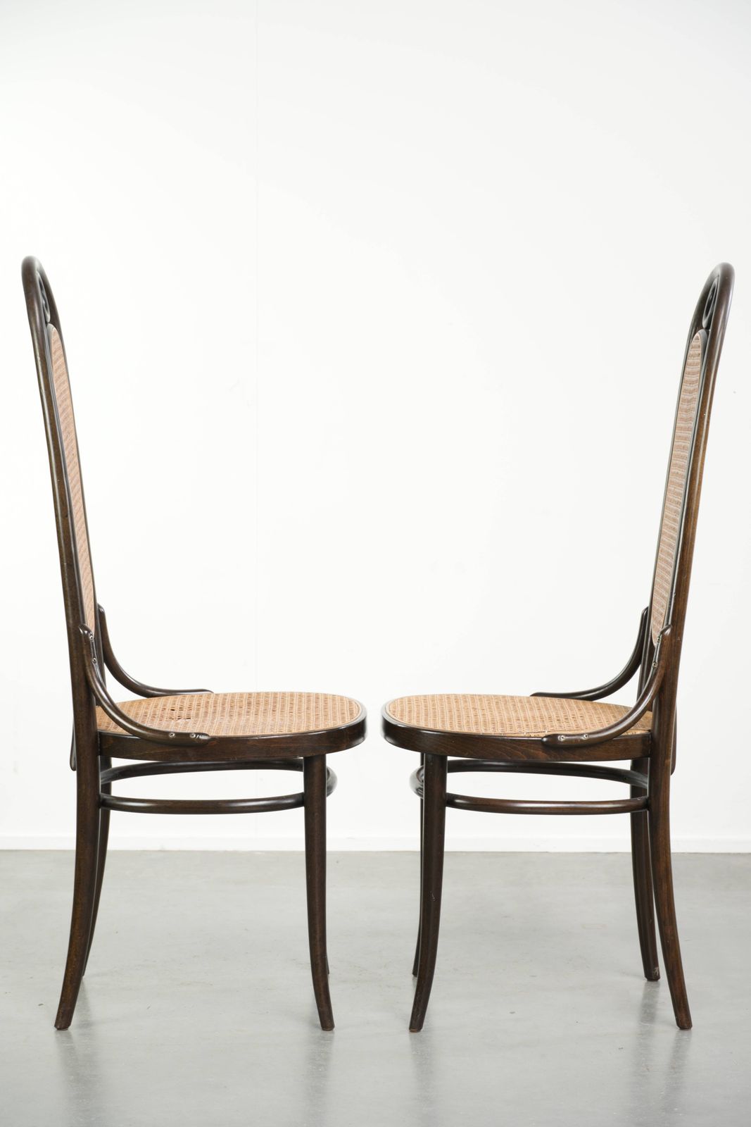 Set van 4 vintage Thonet Long John design webbing eetkamerstoelen / bistrostoelen met gebogen hout photo for sale