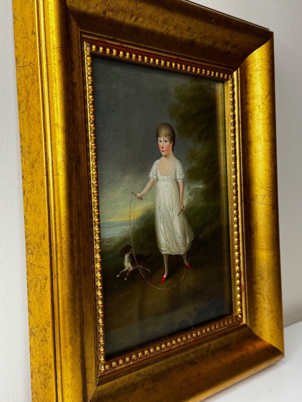 photo furniture Olieverfportret uit het begin van de 19e eeuw, Louisa Cooke met Mr Quiz, in de stijl van George Romney, ca. 1802