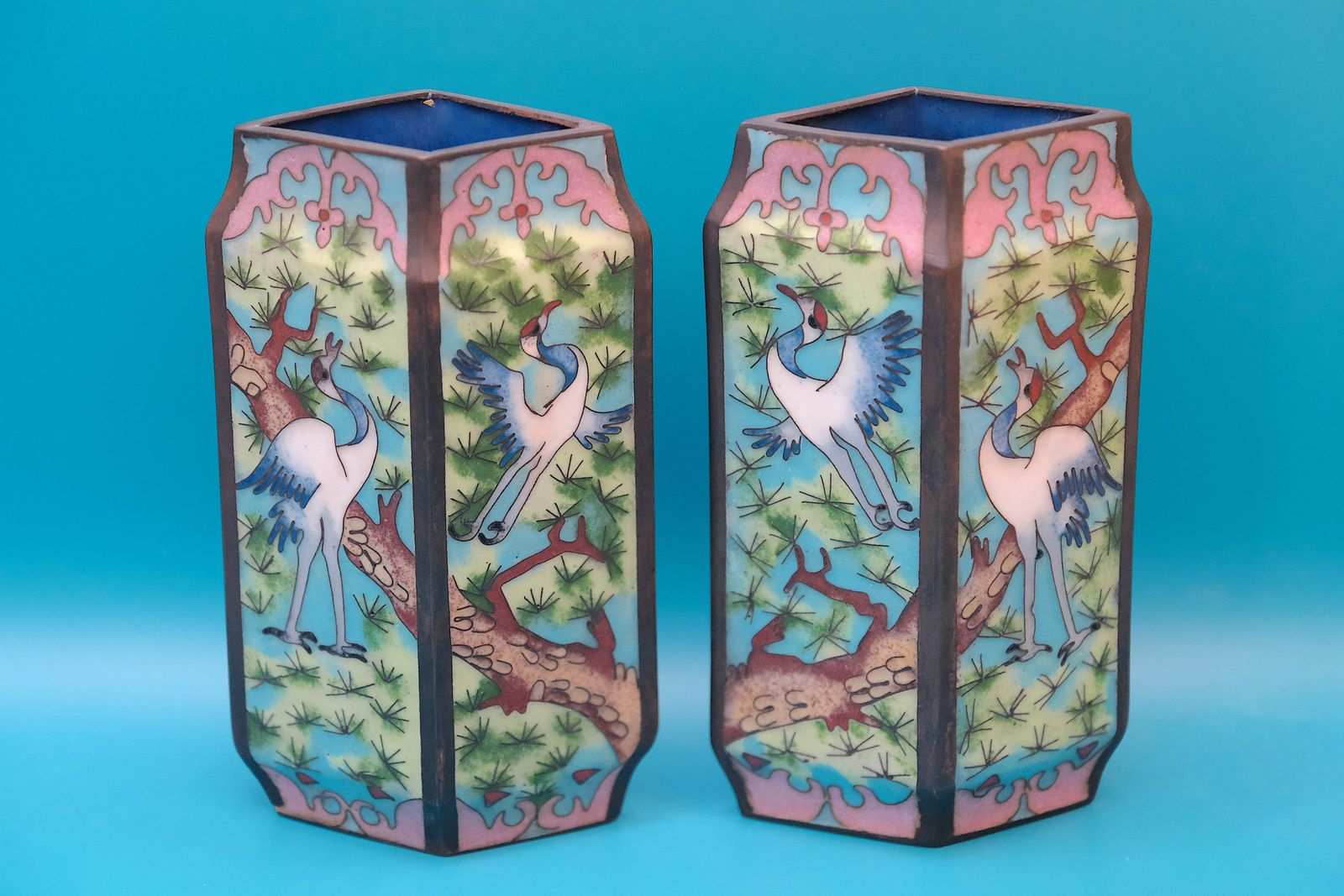 Pair Vintage Japanese Cloisonné Vases Crane Pine Design 20th Century Enamel Brass Bud Vases photo Home Decor