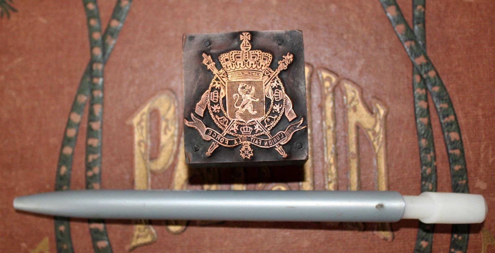 Vintage Belgium Coat Of Arms Copper Printing Plate, Belgian Crest, Lion Crown Order Of Leopold, Union Fait La Force, Printing Stamp, Block photo for sale