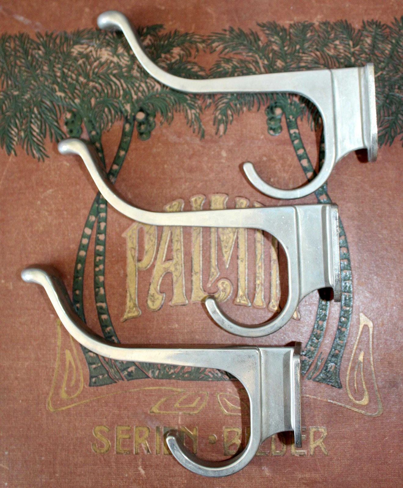 photo buy Lot de 3 doubles crochets vintage de style Art déco, aluminium chromé, plaque murale, quincaillerie, porte-vêtements, porte-chapeaux et manteaux, gris argenté