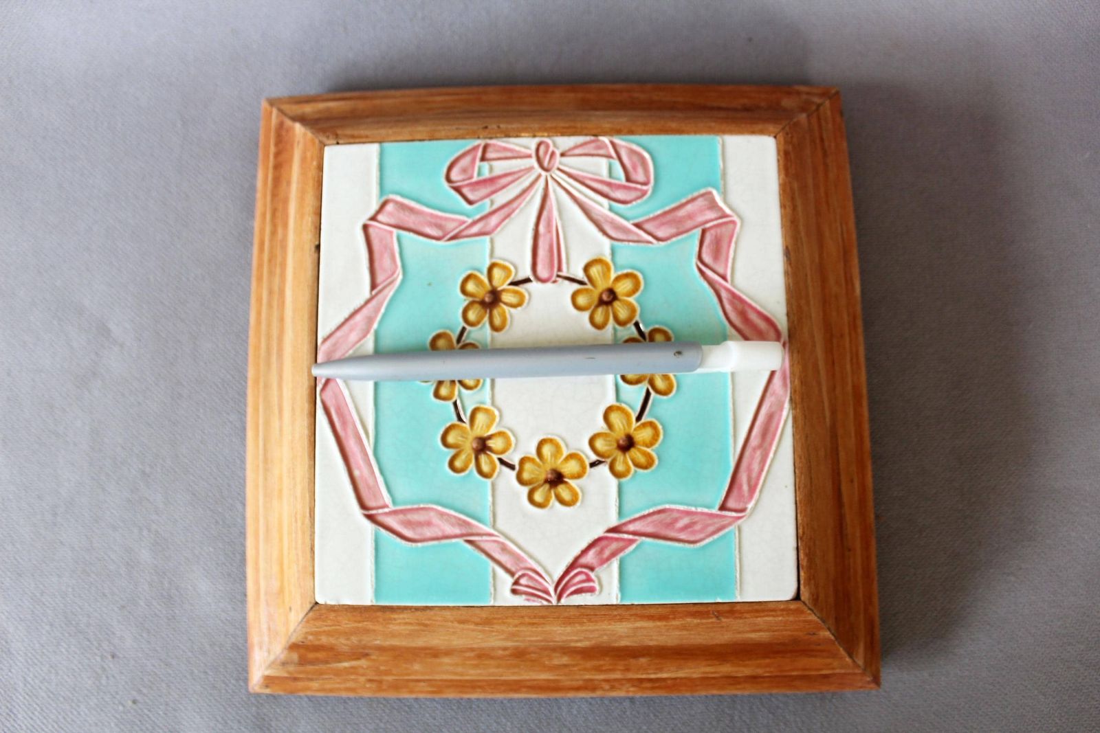 Antique Art Nouveau Majolica Ceramic Tile Trivet In Footed Wood Base, Plant Stand, Pink Ribbon, Amber Floloral Wreath, Wedding Gift photo buy