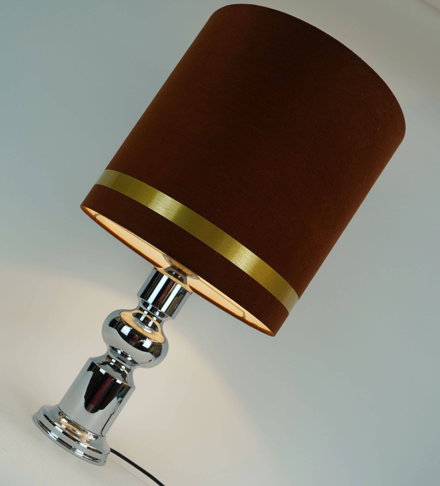 Lighting 1970s Table Lamp Aro Leuchten Chrome Base Brown Velvet Lampshade photo