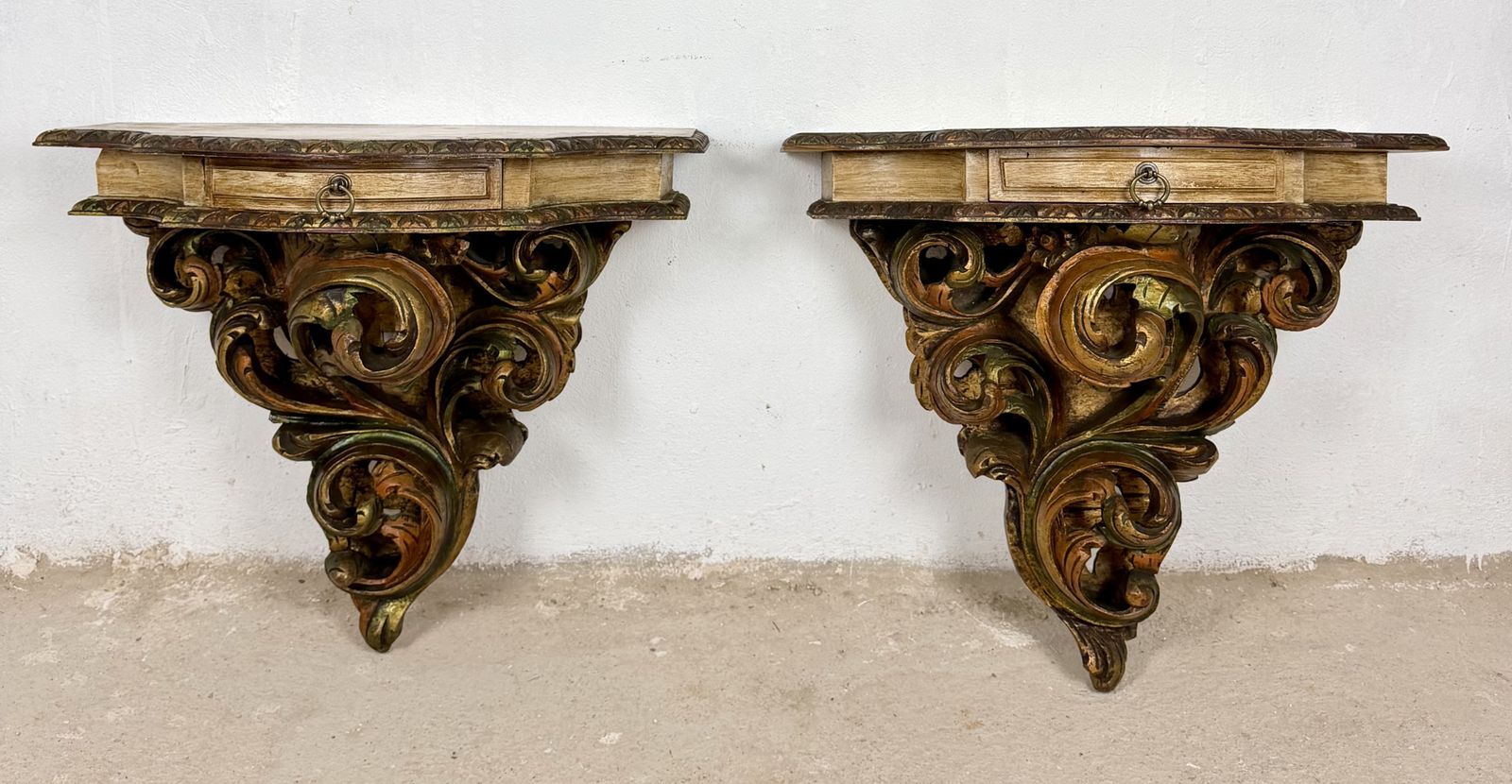 Pair Of Italian Polychromed Wall Pedestals With Marble Tops, Mid 20th Century photo for sale
