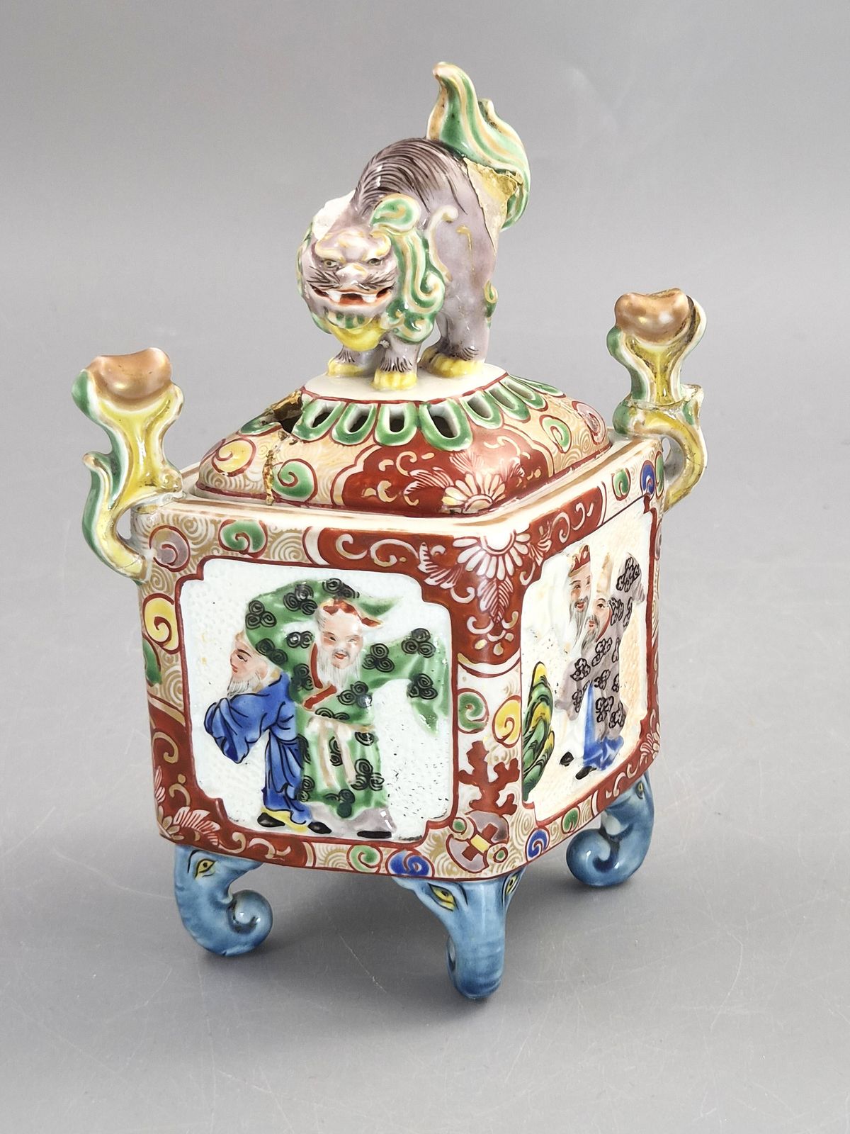 Japanese Kutani Porcelain Koro Incense Burner, Karashishi Finial And Elephant Head Feet, Meiji Period C.1890, Antique Censer