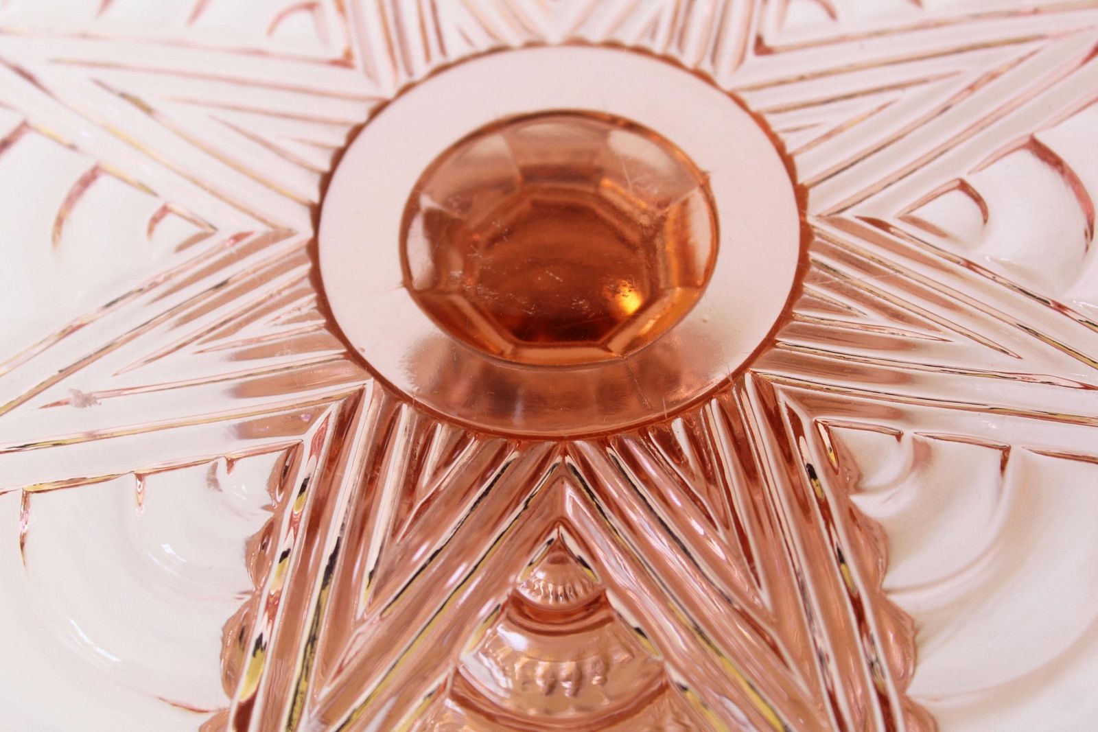 Set Of Two Art Deco Pink Rosaline Glass Cake Stand, Dessert Stand, Pedestal Platter, Depression Pressed Glass, Embossed Geometric Design photo 86.0