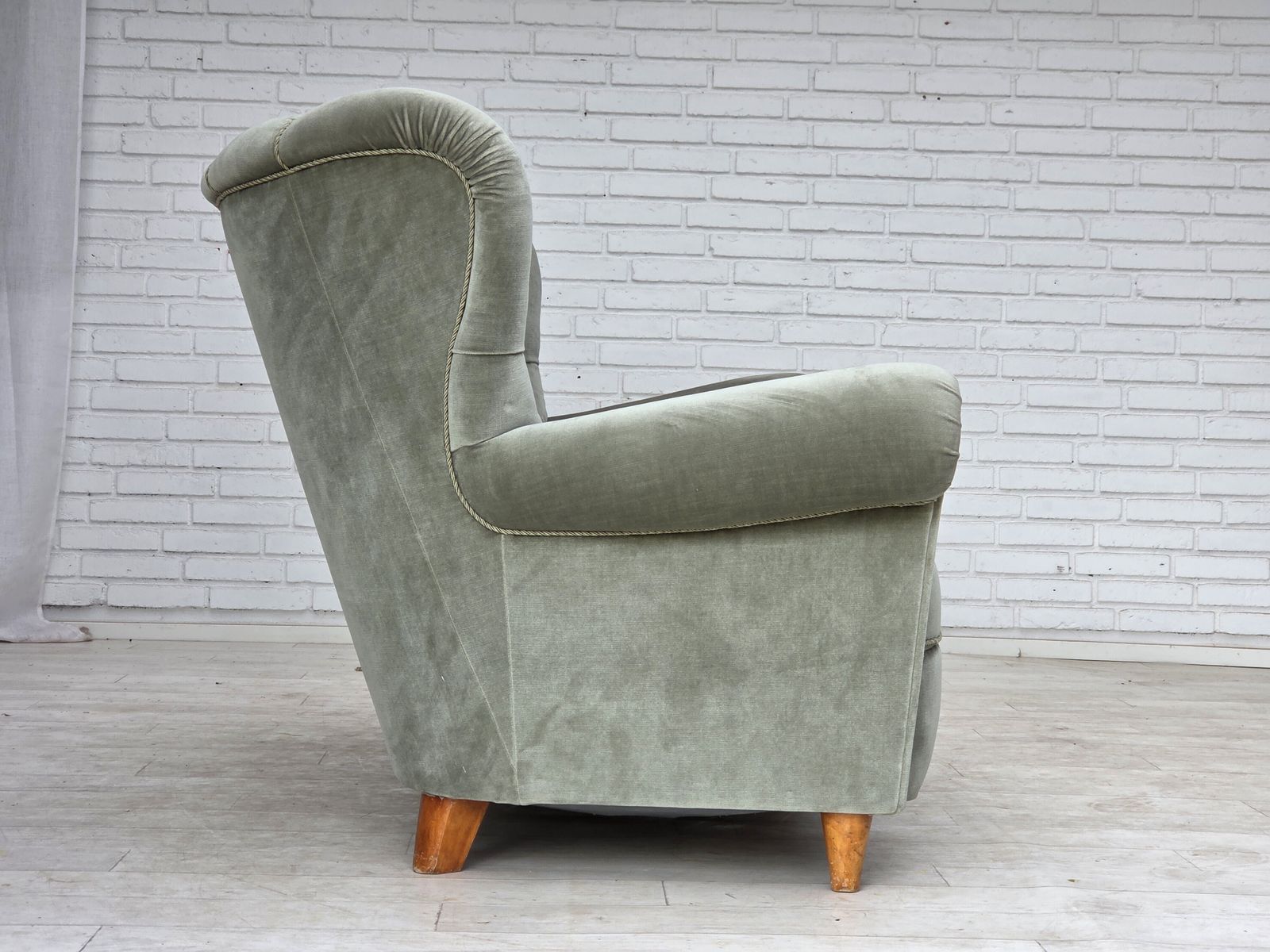 photo furniture 1960s, Danish 2 Seater Sofa. Light Green Furniture Velour.