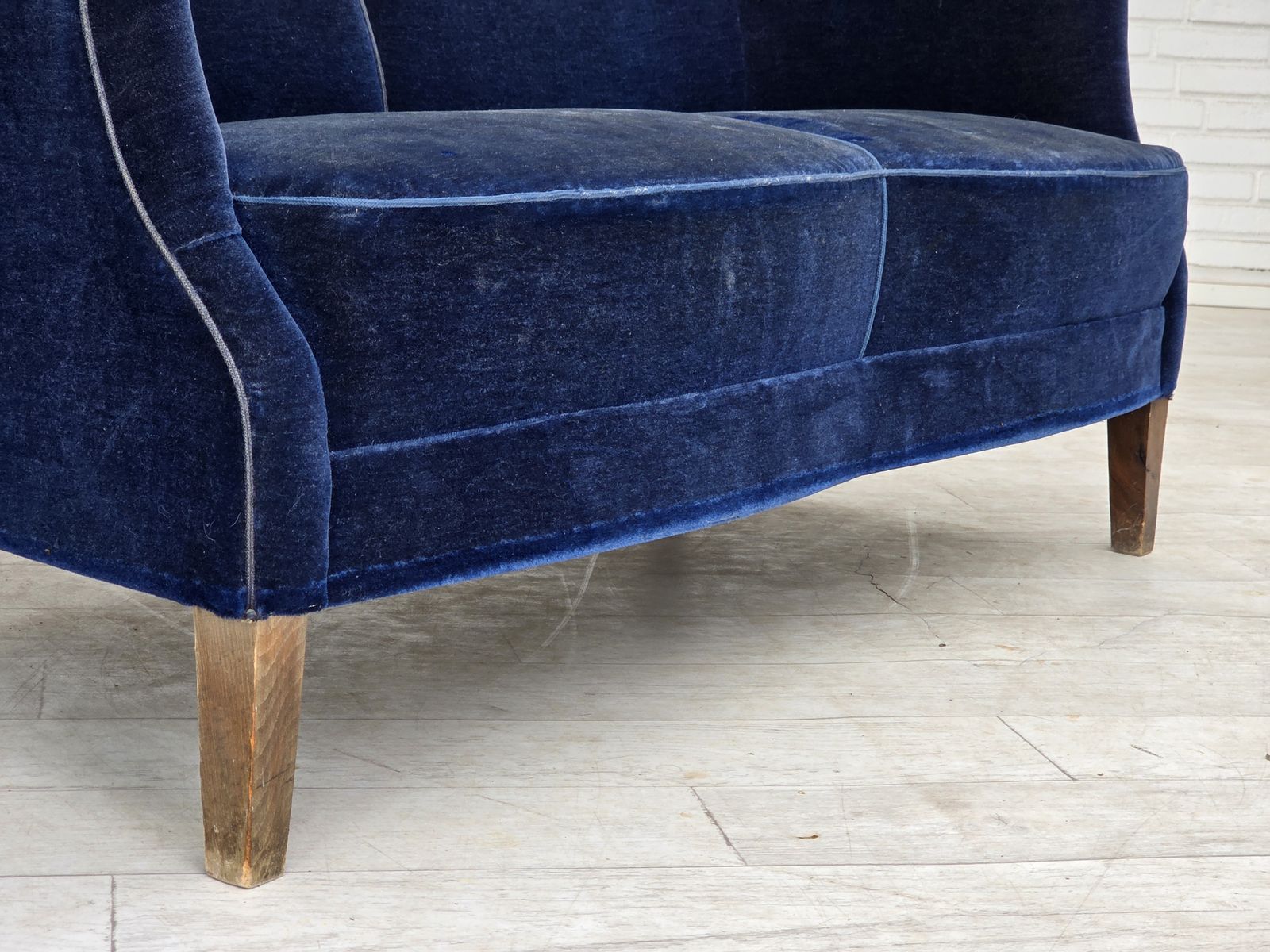 1960s, Danish 2 Seater Sofa. Dark Blue Furniture Velour. photo 1295.0