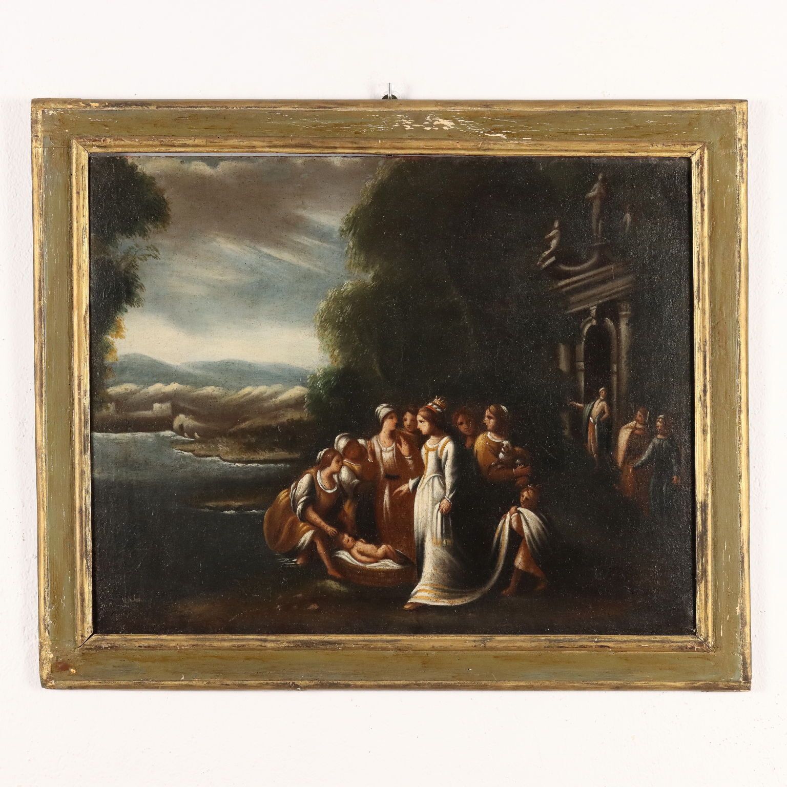 Tableau d'époque, XVIIe-XVIIIe siècle, Moïse sauvé des eaux, huile sur toile