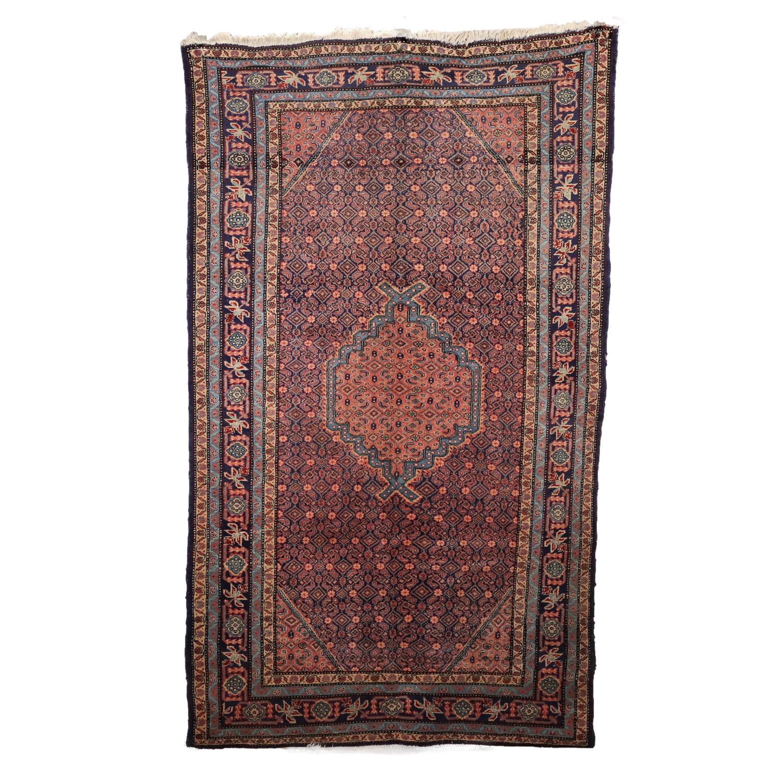 Tapis à boue d'époque en laine et coton, nœuds fins, 110 x 66 in