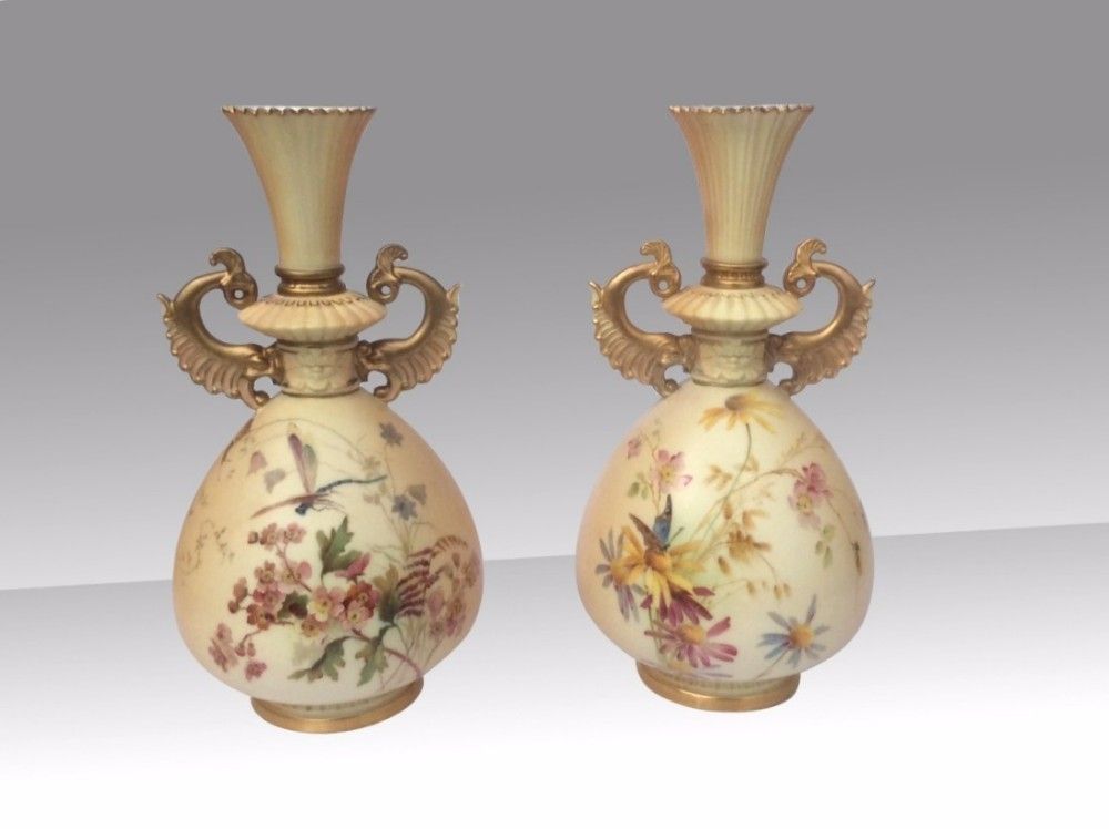 Very Fine Pair Of Antique Painted And Blush I Vory Royal Worcester Vases Dated 1893 9ins Tall By E Raby